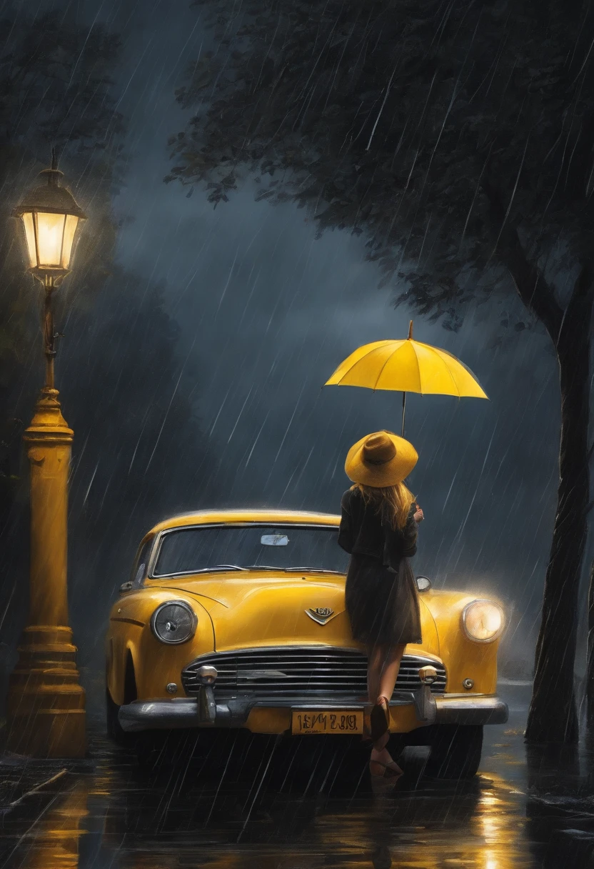 Realistic drawing, as a photo, a girl under an umbrella, near a black car, the umbrella is yellow, it is raining, the birds are chirping,