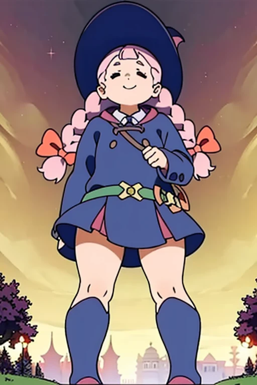 (masterpiece, top quality, best quality, beautiful and aesthetic:1.2),  jasminka antonenko, 1girl, solo, plump, closed eyes, long hair, pink hair, braid, twin braids, hair bow, smile, bow, flat torso, witch hat, witch, luna nova, skirt, long skirt, long sleeves, belt, boots, full body, wet white panties, standing, upskirt focus view, under view, skirt lift, panties lowered, front view, wet pussy 