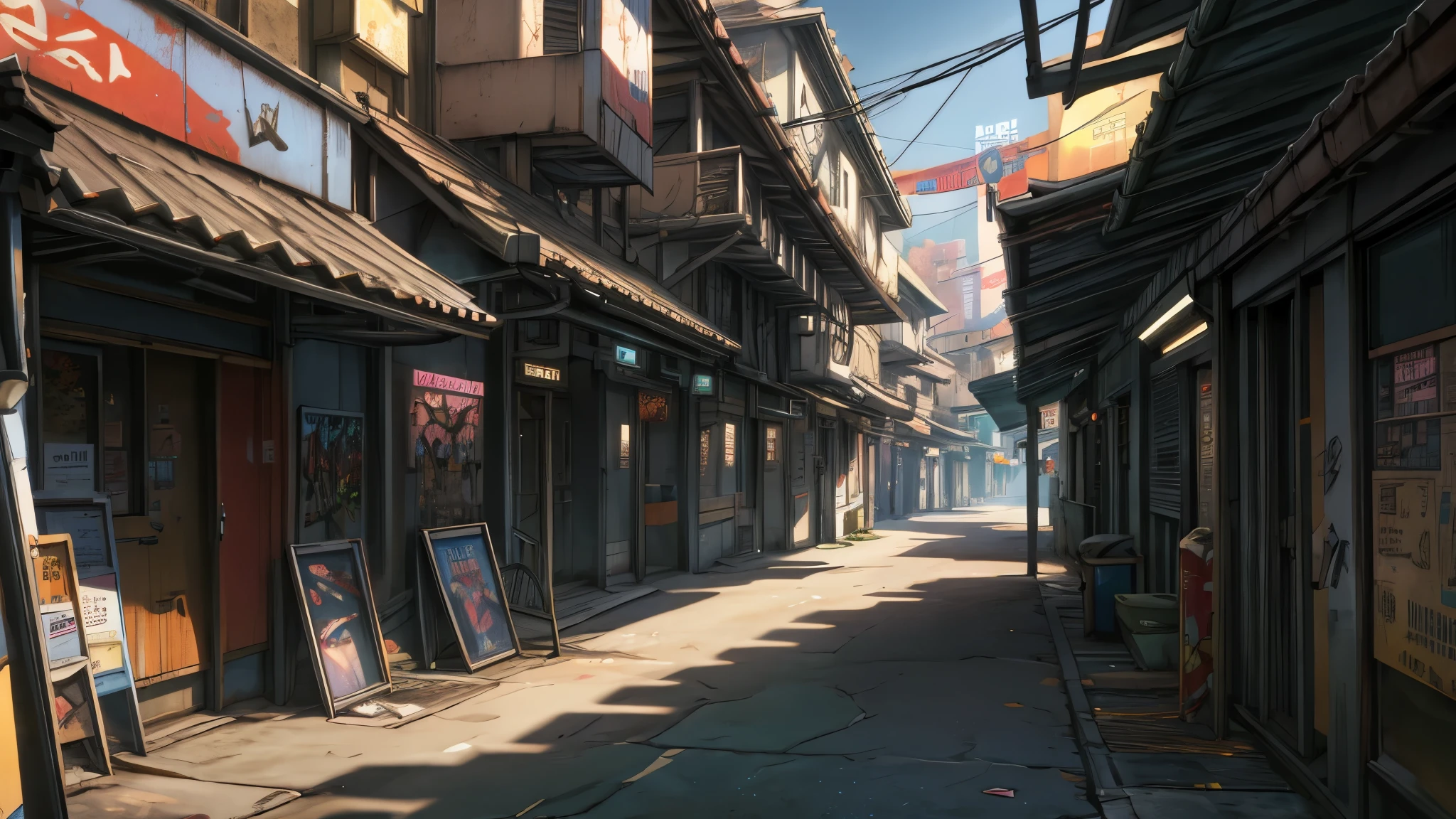 anime, high res, 4k, 8k, visual novel background, CG background, sun day, cyberpunk town, empty streets, outdoor scenery, detailed background, photorealistic, pixiv, sharp-focus, super detail,