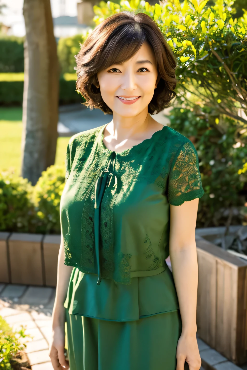 (8k, highest quality, masterpiece: 1.2), Japanese women, Super detailed, highest quality, Ultra-high resolution, Professional Lighting, Photon Mapping, Radio City, Physically Based Rendering, Cinema Lighting, Depth of written boundary, focus on, Sun rays, Good composition, (Bokeh: 1.2), 1 female, (whole body), Bright smile, Beautiful Eyes, Pause, narrow, Brown Hair, short hair, Prairie Blouse Green, lingerie, garden,Japanese,Mature Woman,D cup breasts