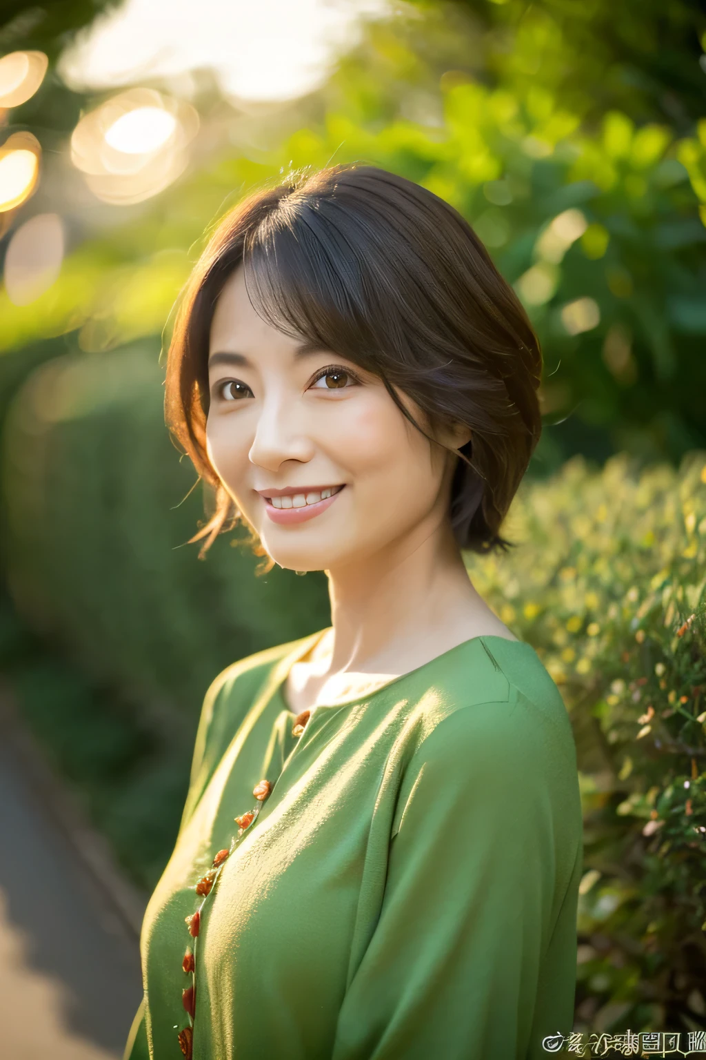 (8k, highest quality, masterpiece: 1.2), Japanese women, Super detailed, highest quality, Ultra-high resolution, Professional Lighting, Photon Mapping, Radio City, Physically Based Rendering, Cinema Lighting, Depth of written boundary, focus on, Sun rays, Good composition, (Bokeh: 1.2), 1 female, (whole body), Bright smile, Beautiful Eyes, Pause, narrow, Brown Hair, short hair, Prairie Blouse Green, lingerie, garden,Japanese,Mature Woman,D cup breasts