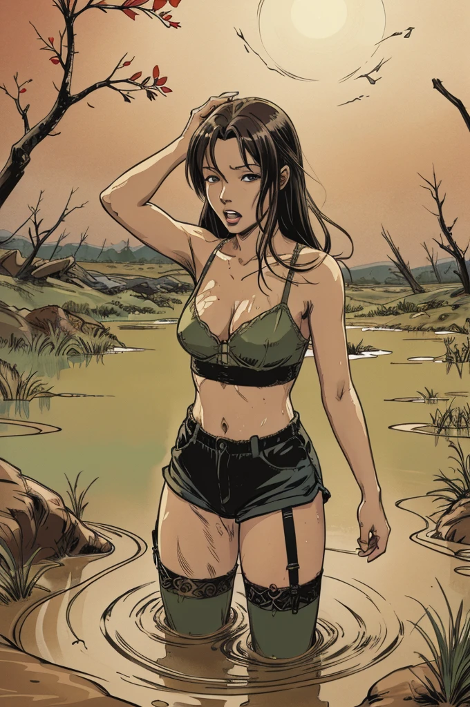 vector image, anime, girl, gloomy orgasm, crop-top and shorts and nylon stockings with garters, drowning in the middle of quicksand bog, green,red