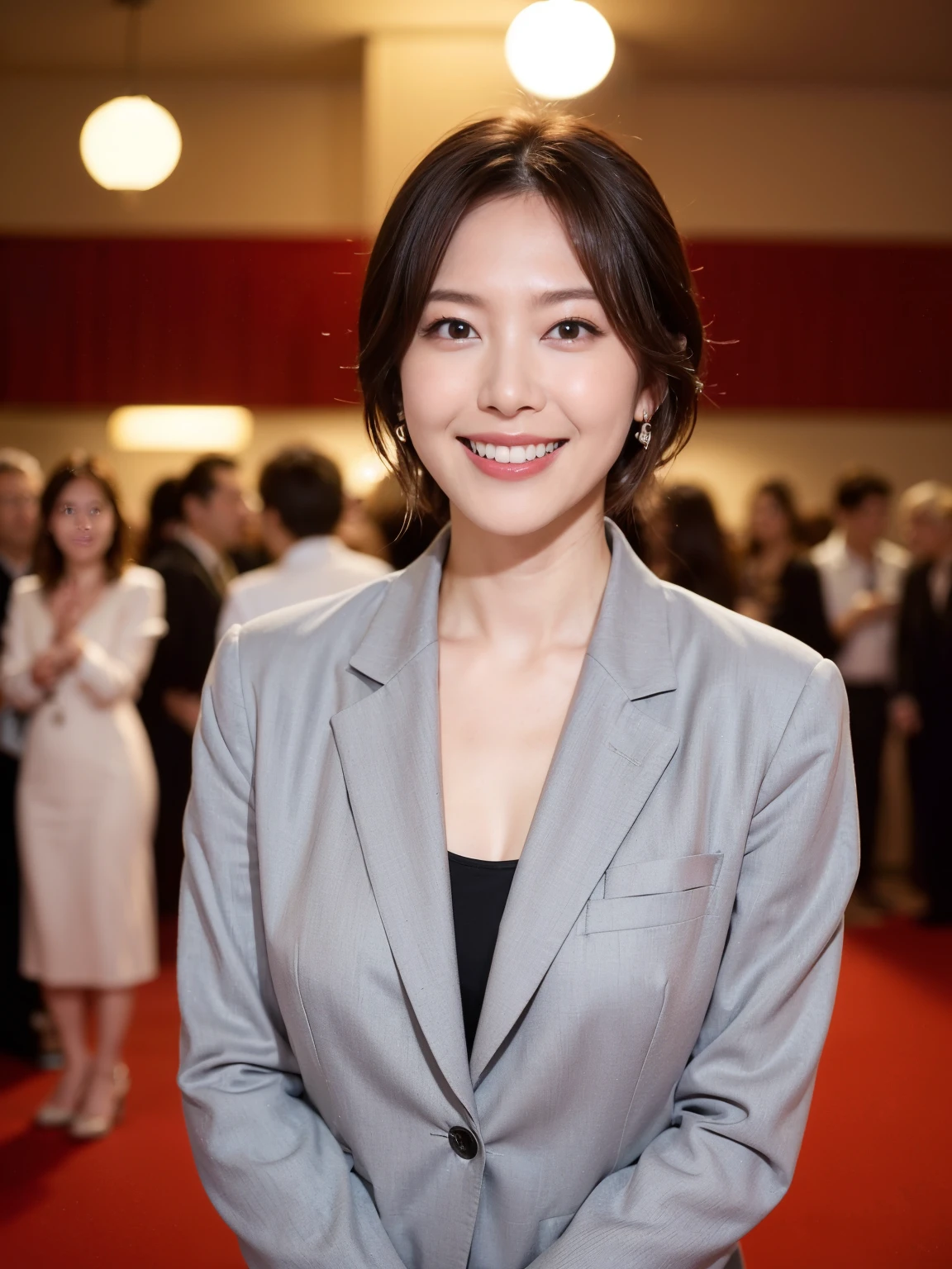 8K, Highest quality、Upper Body、masterpiece、Realistic。Realistic、Very detailed、Natural light、1 Japanese female、40 years old,Slightly brown-haired、short hair、(Lean forward to look into the camera)、Detailed bending forward、lingerie、Her cleavage is visible、A refreshing smile A friendly smile、Happy emotion smiley faces、Very detailedな顔と肌、Very detailedな目、Very detailedな顔と肌、Very detailed smile、Full Body Shot、Black Background