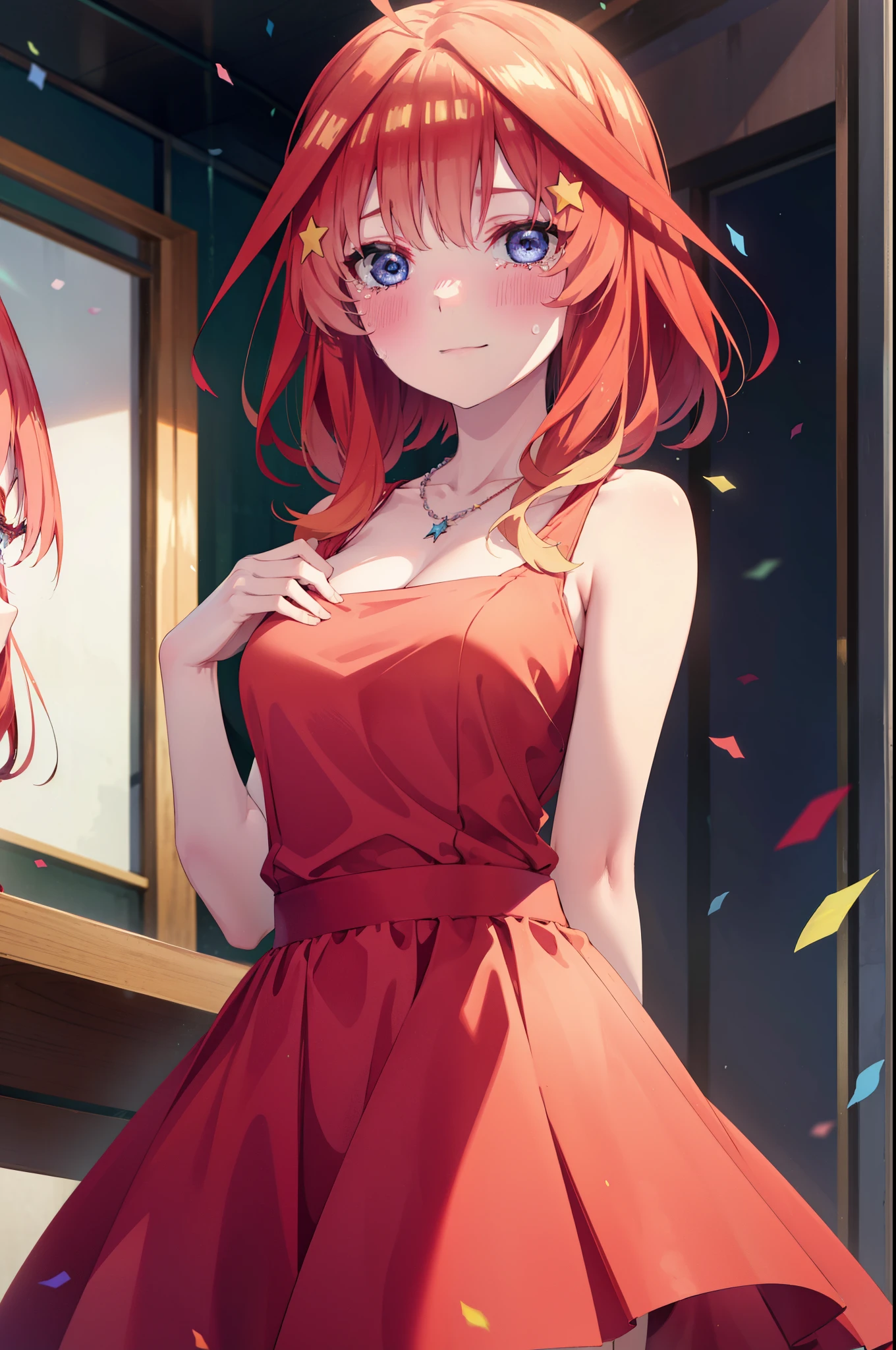 itsukinakano, Itsuki Nakano, bangs, blue eyes, Hair between the eyes, Ahoge, Redhead, star \(symbol\), hair ornaments, tiara,star hair ornaments,smile,blush,Red Dress,Long skirt,Red Pin Heel,Sleeveless,Exposing shoulders,Bare arms,Bare neck,bare clavicle,Heart Necklace,Tears stream down her face,Tears of joy,I cry a lot,holding a large bouquet of flowers in each hand,Confetti,
break indoors, on stage,
break looking at viewer, (Cowboy Shot:1.5),
break (masterpiece:1.2), highest quality, High resolution, unity 8k wallpaper, (shape:0.8), (Beautiful details:1.6), Highly detailed face, Perfect lighting, Extremely detailed CG, (Perfect hands, Perfect Anatomy),