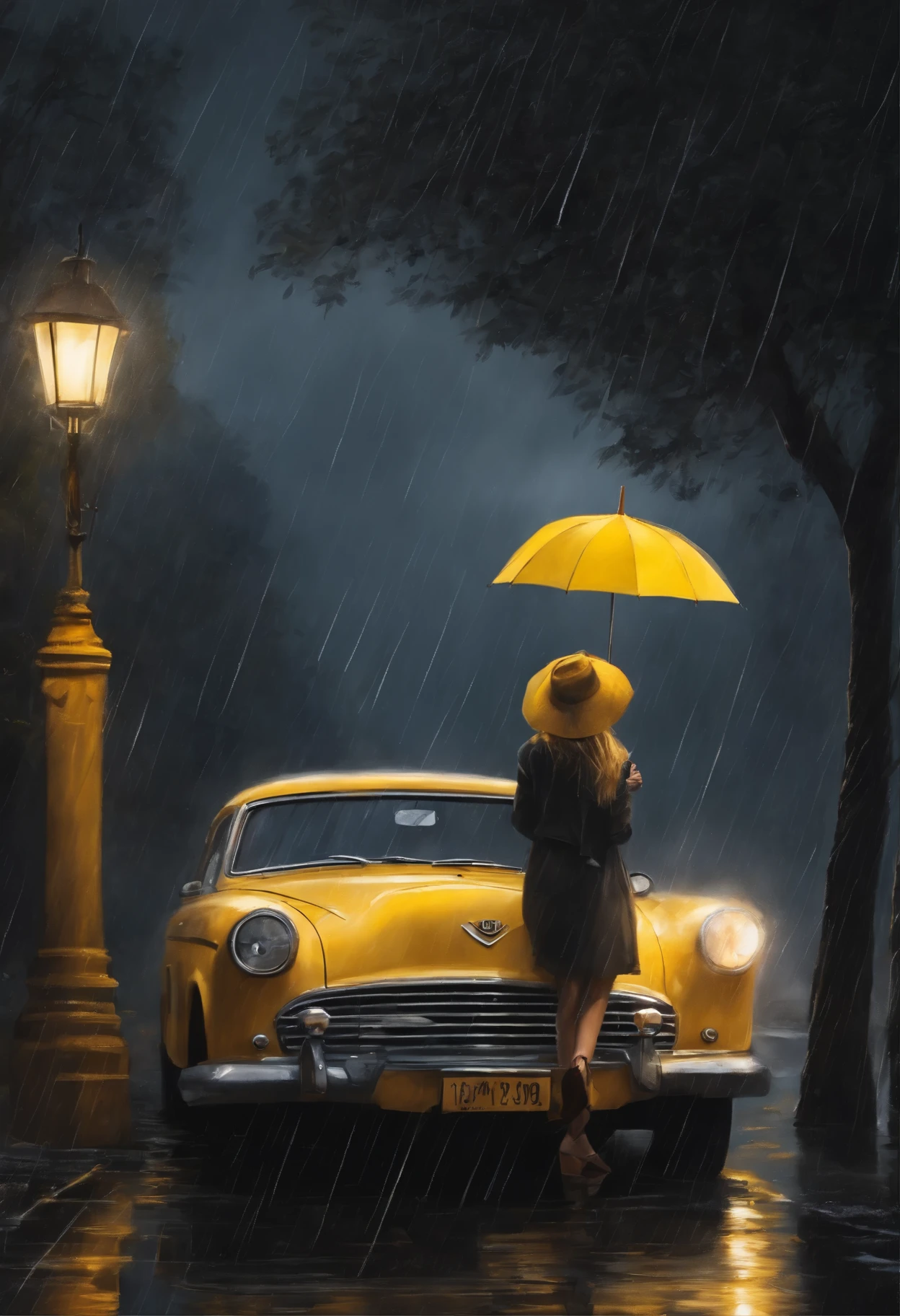 Realistic drawing, as a photo, a girl under an umbrella, near a black car, the umbrella is yellow, it is raining, the birds are chirping,