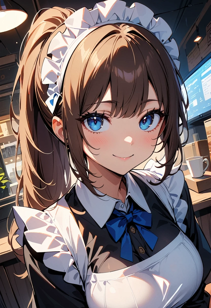 (high quality, 8k, 4K, High Contrast, masterpiece:1.2, 最high quality, Best aesthetics), , Maid, Very detailed, Seductive and erotic girl with lace headdress, smile, Focus on the face, Focus on the face, Complex eyes, tights, laced tights, coffee shop, Ground angle shot, Viewers looking up, feet in tights, Brown Hair,ponytail,Upper Body