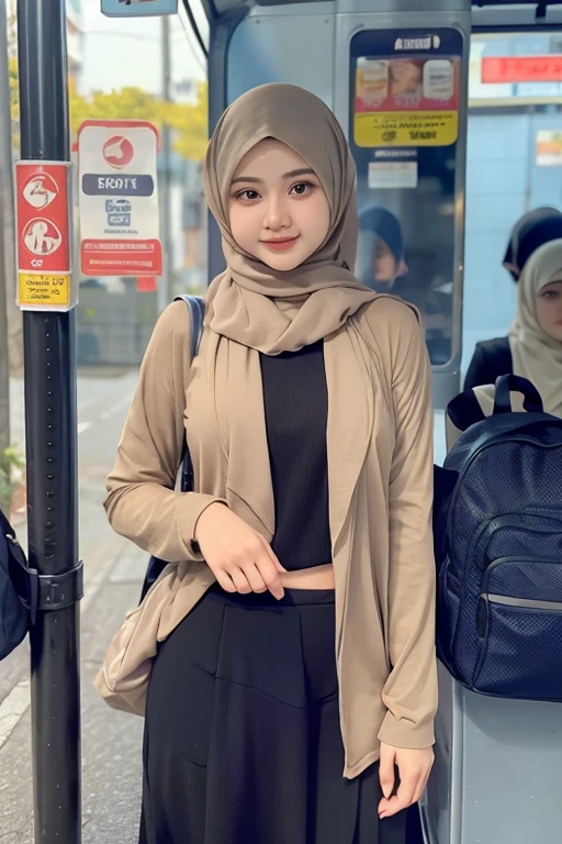 Malay girl in hijab wearing contemporary polite hijab, patterned, studying, wearing a backpack, front view, skin details, skin texture details, mole under the eye, small breasts, medium hips, medium waist, medium thighs, slim stomach, beautiful body, Morning, cheerful smile, happy, students in the background, Bus Stop -Tokyocity, Standing in front of the bus, posing facing the front bokeh, random photo.