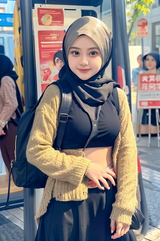 Malay girl wearing a hijab wearing a contemporary polite hijab style, patterned, at college, wearing a backpack, polite, elegant appearance, pose facing the audience, detailed face, detailed skin texture, mole under the eye, breasts are covered, big hips, big waist , big thighs, slim belly, beautiful body, cheerful smile, happy, students in the background, TOKYO city at the Bus Stop , Standing Back to the Bus, in the Morning sunny, bokeh,