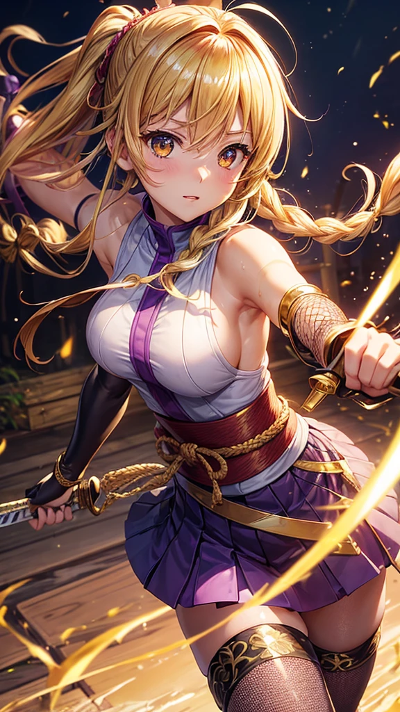 (highest quality)), ((masterpiece)), (Familiar), Perfect Face,Shiny skin,Beautiful breasts,how,Shiny skin、Kyoto Animation style painting、Golden Hair、Golden Eyes、Sunburned skin、night、Holding a Japanese sword、ruins、Combat Stance、Fishnet tights、Braided Hair、spats、inner、Kunoichi clothes、Purple clothes、Wearing a golden aura