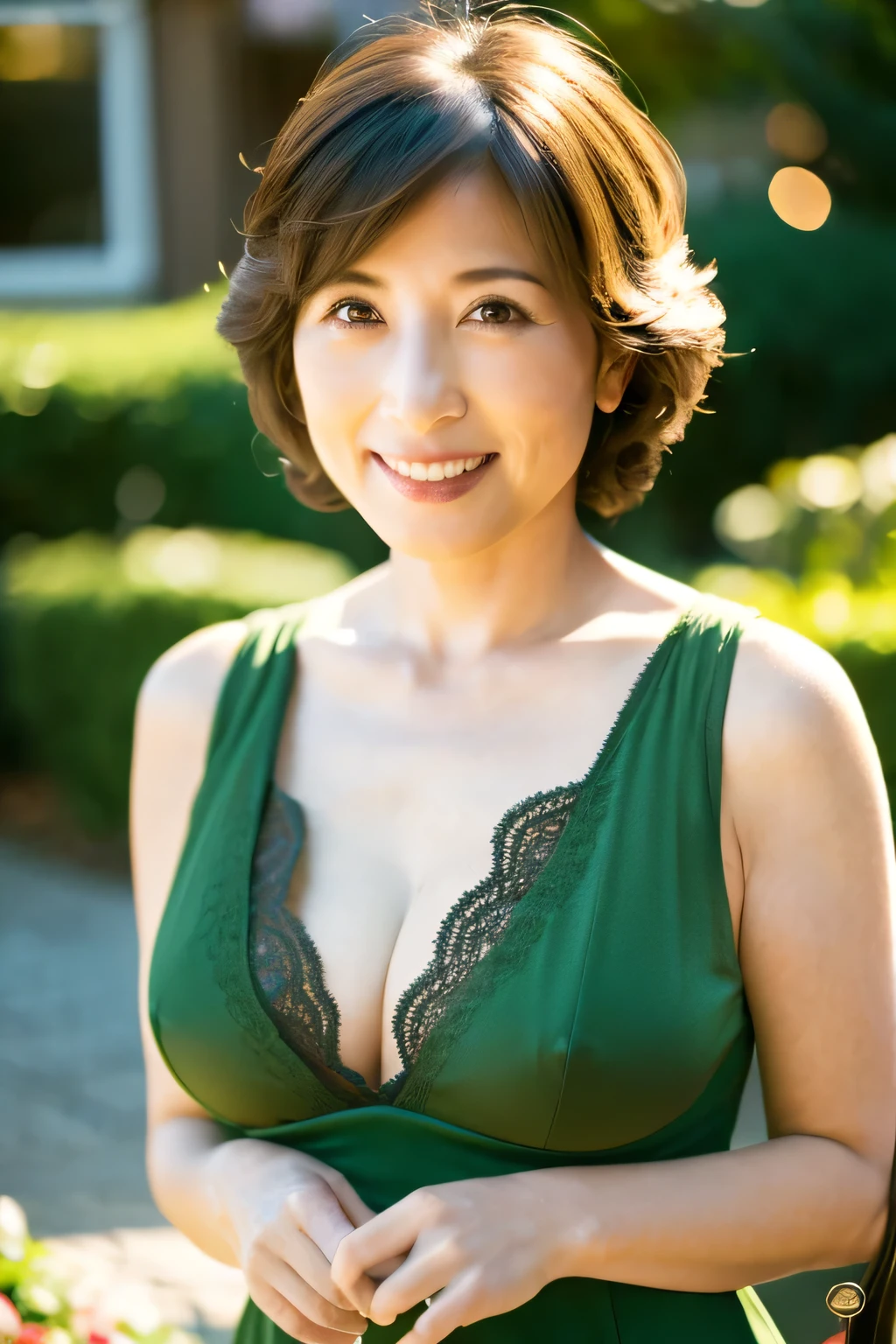 (8k, highest quality, masterpiece: 1.2), Japanese women, Super detailed, highest quality, Ultra-high resolution, Professional Lighting, Photon Mapping, Radio City, Physically Based Rendering, Cinema Lighting, Depth of written boundary, focus on, Sun rays, Good composition, (Bokeh: 1.2), 1 female, (whole body), Bright smile, Beautiful Eyes, Pause, narrow, Brown Hair, short hair,green, lingerie, garden,Japanese,Mature Woman,D cup breasts