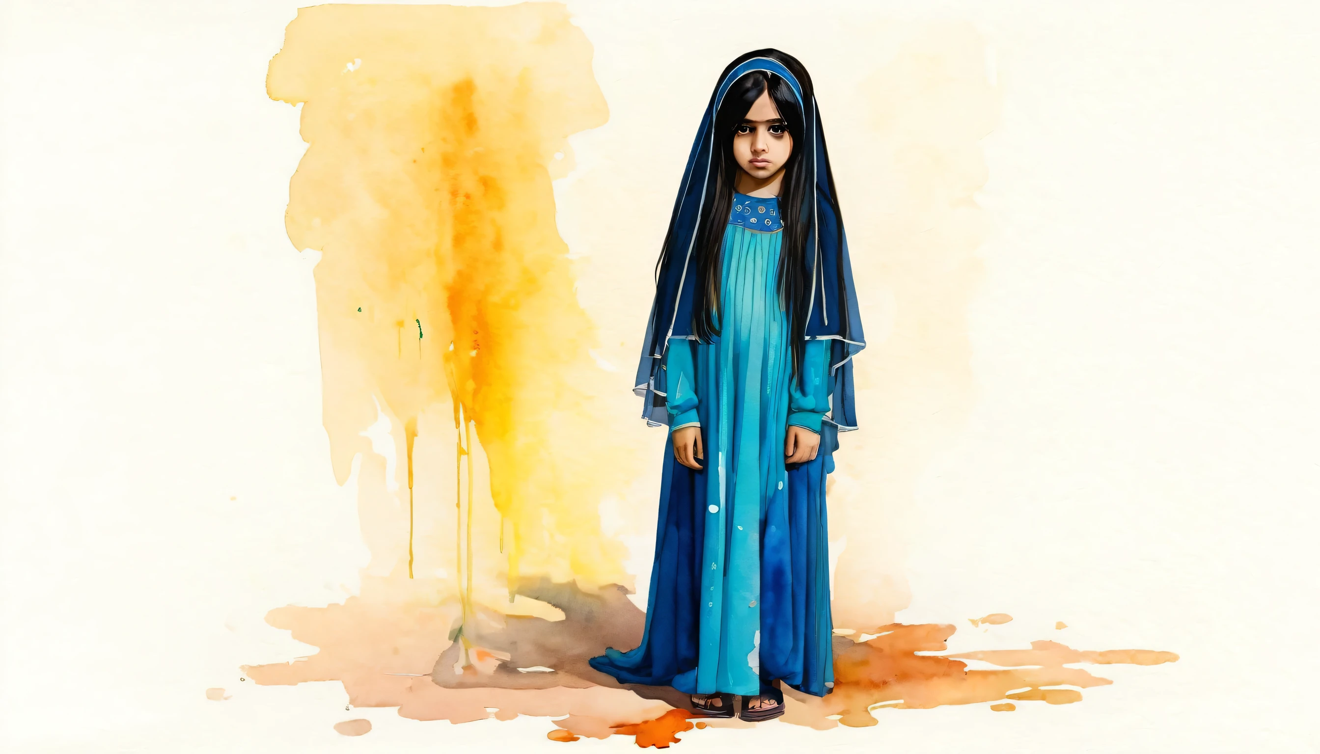 Arab girl, 6 old, sad, 1girl, full body, looking_at_viewer, long_hair, black_hair, solo_focus, pov, realistic, veil, black_eyes, modern art, painting, drawing, watercolor, psychedelic colors