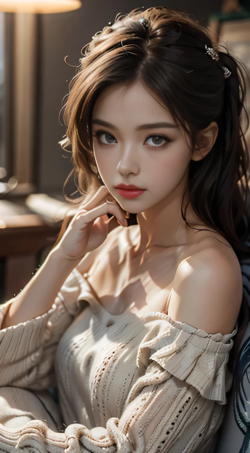best quality, masterpiece, Ultra-high resolution, (Reality:1.4), original photo, 1 Girl, Off-shoulder, Movie Lighting