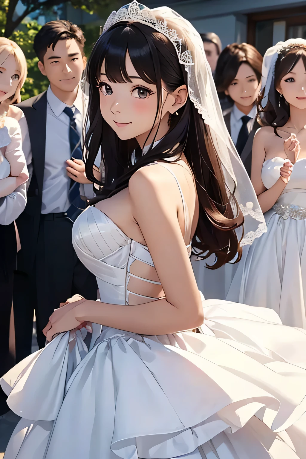 highest quality、High resolution、Detailed Background、(Beautiful face in every detail:1.4)、Anatomically correct、(Draw the usual number of fingers:1.2)、(Detailed facial expressions)、(Detailed eyes:1.2)、(Detailed eyes:1.2)、Beautiful, smooth skin、Beautiful women in their 20s、(Highly detailed face:1.4)、Cute color hair color、well-groomed eyebrows、Cute Eye Makeup、Cute Lip Makeup、Perfect body line、(Minimally revealing clothing:1.2)、wedding style、I look around with a smile and am surrounded by love and happiness、Cuteness and adult femininity、Happy expression、
(A bride in a wedding dress is congratulated by her family and friends:1.5)、
The lace design is both cute and elegant.、Lace wedding dresses can give off a feminine vibe.、The lace detailing on the back and sleeves gives the dress a classy and cute look.、
fit&The flare silhouette fits from the waist to the hips and then spreads out like a flared skirt.、This silhouette not only accentuates the waist but also brings out the feminine side of the figure.、A flared skirt with soft materials and designs will give you a cuter look.、
Pastel colors are great for expressing cuteness and softness.、Pink or pastel blue、Pale colors such as mint green give a wedding dress an elegant and cute look.、
A wedding dress with bow detailing can accentuate the cuteness of the dress.、The large bow design on the chest and back adds a gorgeous accent to the entire dress.、
A tiered skirt has multiple ruffles and layers.、
This design gives a cute and dynamic impression.、The tiered skirt is made of soft materials and lace, creating an elegant and cute atmosphere.、very beautiful
