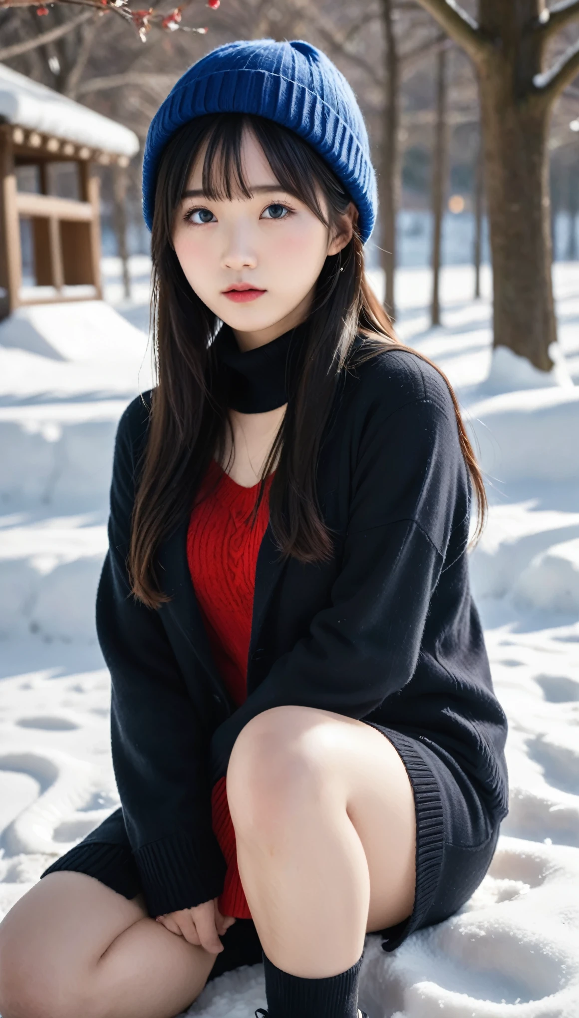 highest quality、masterpiece、live-action、Realistic、High resolution、4k、Japanese、Black Hair、Japanese high school students、Cute Girls、18-year-old、Troubled face、Red knitted hat、Black sweater、Crouched on the ground, looking up at the viewer、Offer your hand、The background is a snowy park、Whole body -- 9:16