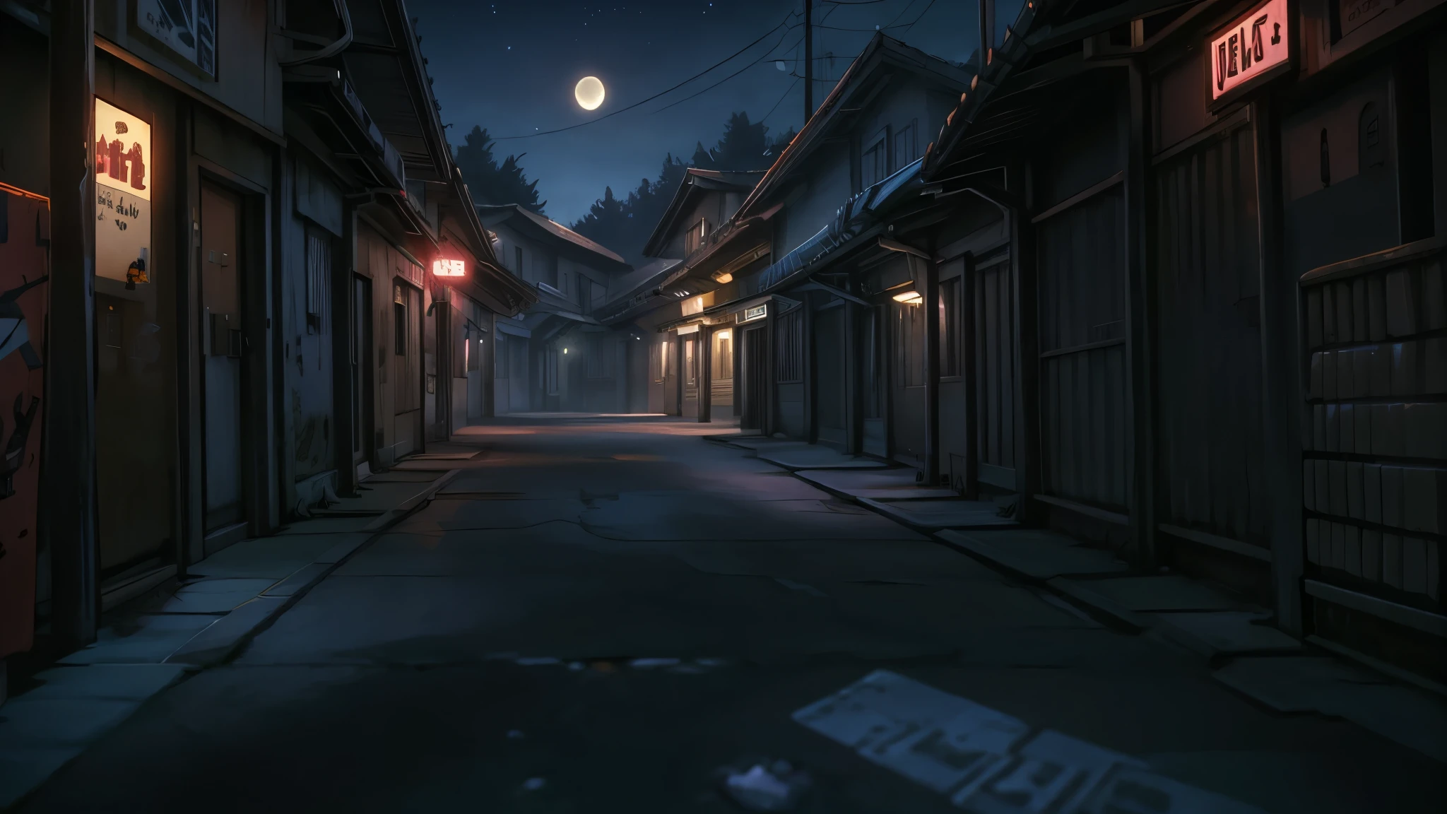 anime, high res, 4k, 8k, visual novel background, CG background, night, moon, cyberpunk town, empty streets, outdoor scenery, detailed background, photorealistic, pixiv, sharp-focus, super detail,