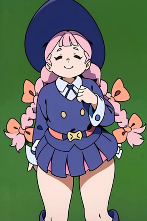 (masterpiece, top quality, best quality, beautiful and aesthetic:1.2), jasminka antonenko, 1girl, solo, plump, closed eyes, long hair, pink hair, braid, twin braids, hair bow, smile, bow, flat torso, witch hat, witch, luna nova, skirt, long skirt, long sleeves, belt, boots, full body, wet white panties, standing, upskirt focus view, under view, long skirt lift, lowered panties, back view, wet pussy