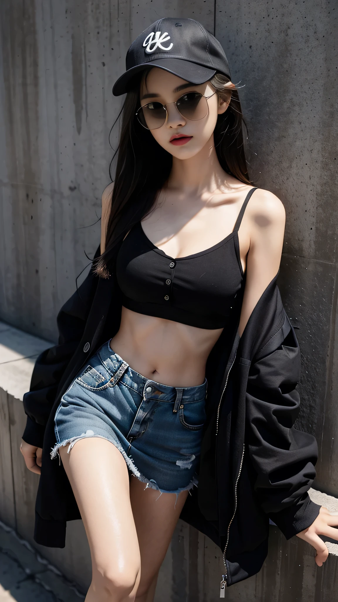Girl in jacket, polo shirt and jean poses for photo、full bodyesbian t-shirt、bra very、Slim body、Moderately bust、Slim girl model、18-year-old female model、Leaning against a clean wall、Wearing black sunglasses and a cap
