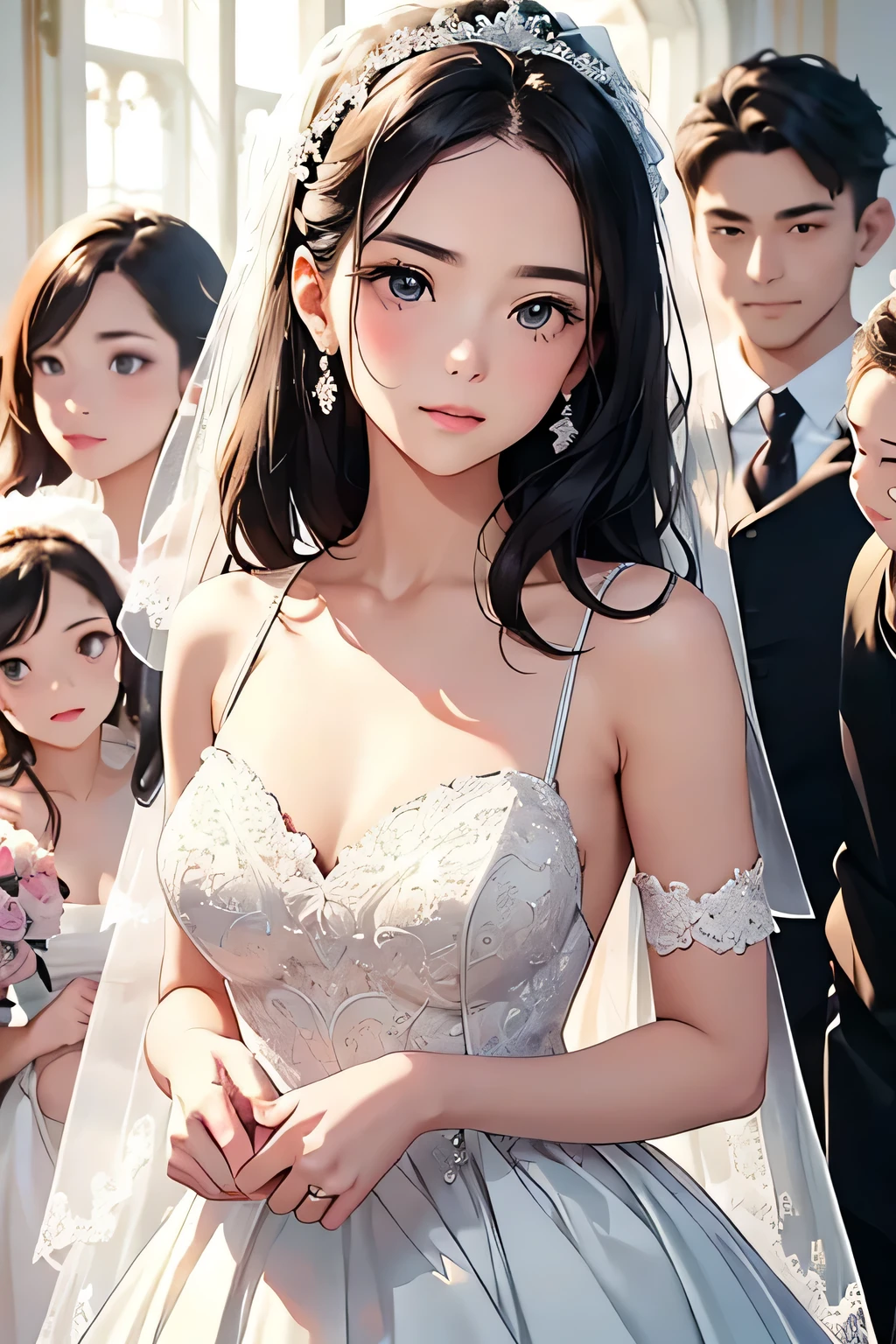 highest quality、High resolution、Detailed Background、(Beautiful face in every detail:1.4)、Anatomically correct、(Draw the usual number of fingers:1.2)、(Detailed facial expressions)、(Detailed eyes:1.2)、(Detailed eyes:1.2)、Beautiful, smooth skin、Beautiful women in their 20s、(Highly detailed face:1.4)、Cute color hair color、well-groomed eyebrows、Cute Eye Makeup、Cute Lip Makeup、Perfect body line、(Minimally revealing clothing:1.2)、wedding style、I look around with a smile and am surrounded by love and happiness、Cuteness and adult femininity、Happy expression、
(A bride in a wedding dress is congratulated by her family and friends:1.5)、
The lace design is both cute and elegant.、Lace wedding dresses can give off a feminine vibe.、The lace detailing on the back and sleeves gives the dress a classy and cute look.、
fit&The flare silhouette fits from the waist to the hips and then spreads out like a flared skirt.、This silhouette not only accentuates the waist but also brings out the feminine side of the figure.、A flared skirt with soft materials and designs will give you a cuter look.、
Pastel colors are great for expressing cuteness and softness.、Pink or pastel blue、Pale colors such as mint green give a wedding dress an elegant and cute look.、
A wedding dress with bow detailing can accentuate the cuteness of the dress.、The large bow design on the chest and back adds a gorgeous accent to the entire dress.、
A tiered skirt has multiple ruffles and layers.、
This design gives a cute and dynamic impression.、The tiered skirt is made of soft materials and lace, creating an elegant and cute atmosphere.、very beautiful