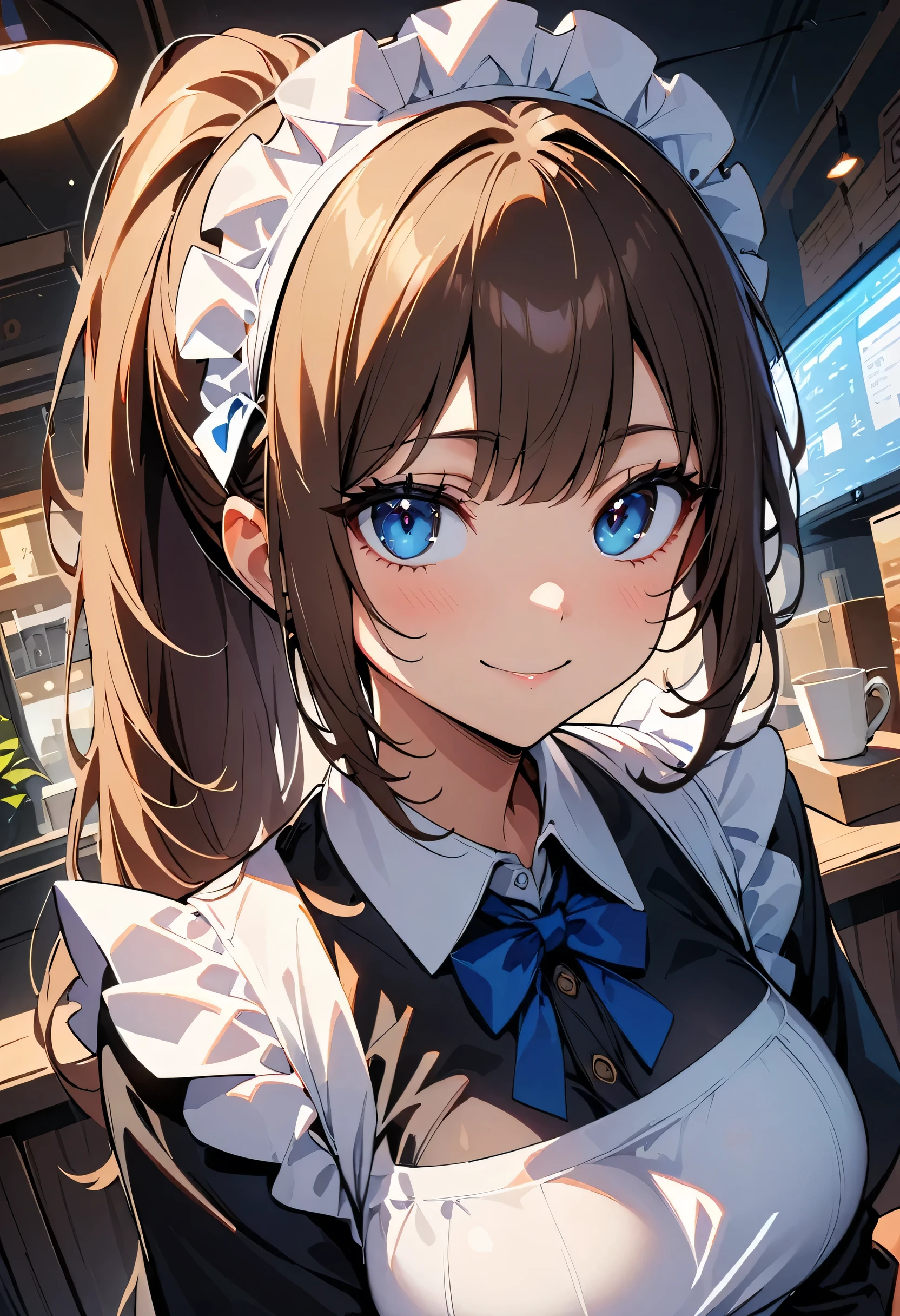 (high quality, 8k, 4K, High Contrast, masterpiece:1.2, 最high quality, Best aesthetics), , Maid, Very detailed, Seductive and erotic girl with lace headdress, smile, Focus on the face, Focus on the face, Complex eyes, tights, laced tights, coffee shop, Ground angle shot, Viewers looking up, feet in tights, Brown Hair，ponytail，Upper Body