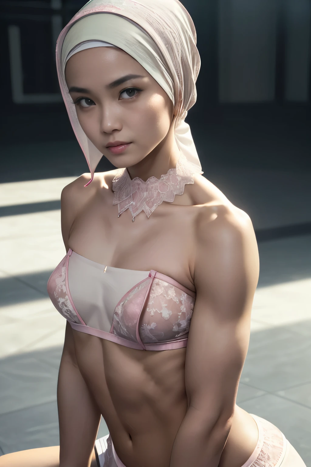 Lace blindfold,  ((SHORT HIJAB)), ((Flat chest:1.7)), (dynamic photograph of a 58 year old Indonesian woman), (slim top, cotton panties), (straight non curly hair), (highly detailed face:1.4), (vascular muscles and abs:1.3), (background inside light, bright, private gym:1.1), (8k, uhd, dslr, high quality, cinematic lighting, bokeh), (dramatic, award winning photography, incredible masterpiece:1.3), (((sexy sultry stare at camera:0.8))), close up, ((she is ready to dominate you:0.5)), ((beautiful feminine face)) (she is a champion MMA fighter), add_detail:1, ((Wearing strapless pastel)) lace yellow fluorescence , from behind view, seductive pose, straddling ,