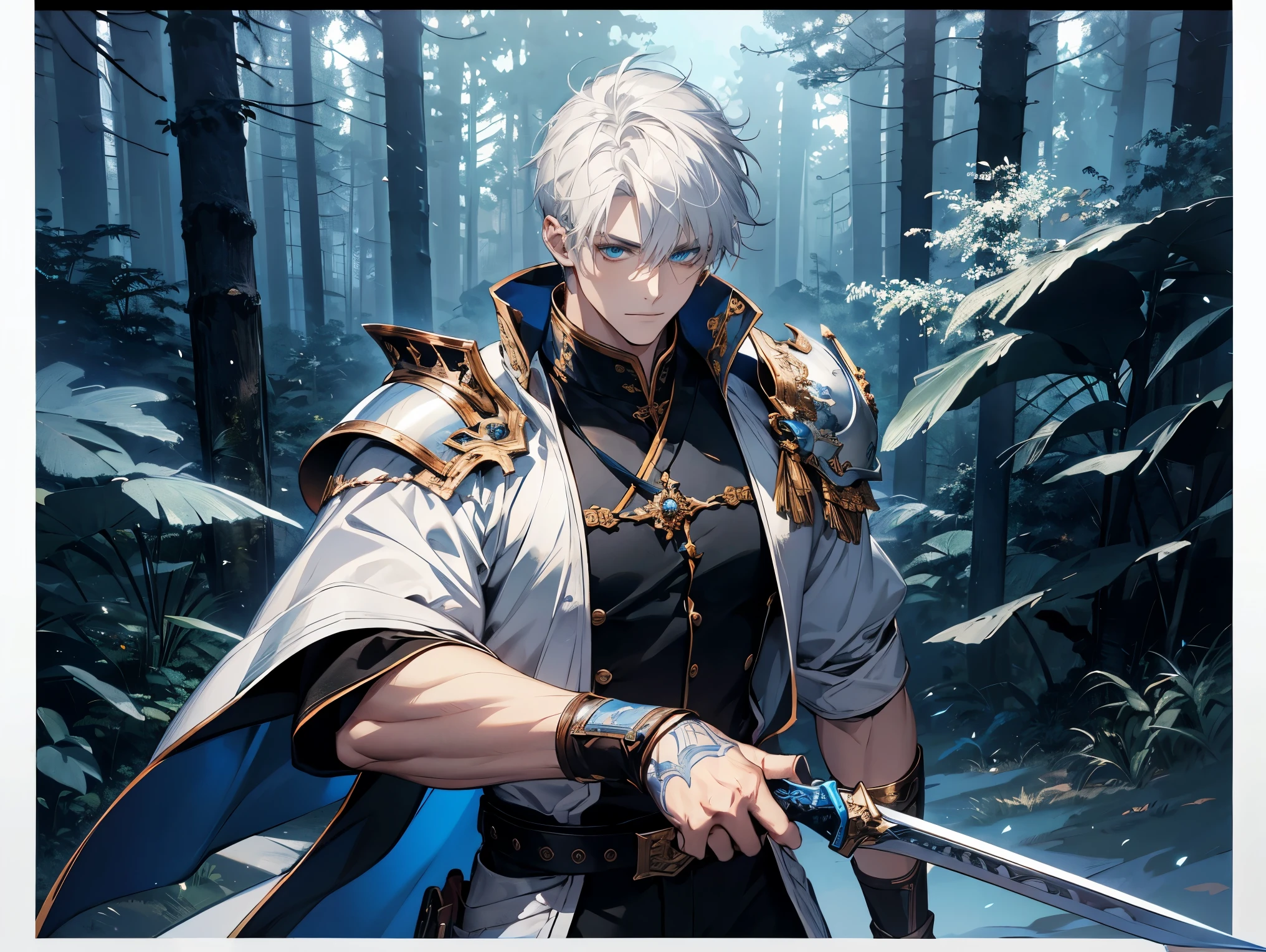 1 male, 26 year old, masculine, short white hair, Attractive, armor, White shirt, Rolled up sleeves, Black belt, Black pants, Beautiful blue eyes、beautiful hair、no expression, Trending on ArtStation, 8K resolution, Highly detailed, Anatomically correct, Sharp Image, Digital Painting, Concept art, of the highest quality、forest background, holding a long blue long sword.