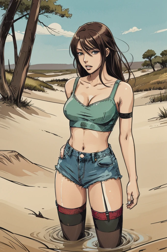vector image, anime, girl, gloomy orgasm, crop-top and shorts and sneakers and nylon stockings with garters, near quicksand bog, green,red,
