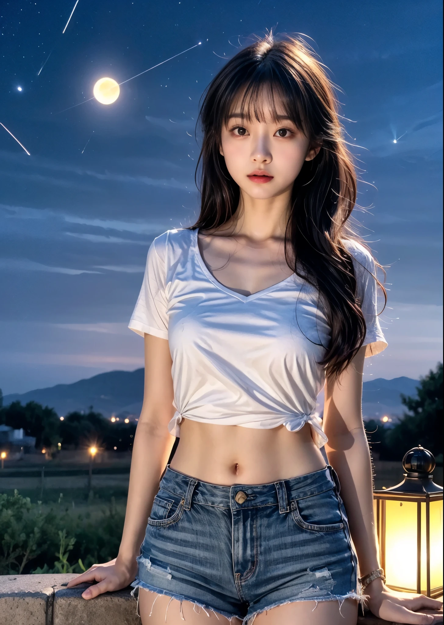 open plateau、A long, stretched shooting star、A woman standing on a hill at night、Cute 16-year-old in a shirt and shorts、Slim body、Cowboy Shot、The bust is small、Long hair with bangs、(Firefly Light)、I can see the lights of the city in the distance、Sharp images、High color reproducibility、Attention to detail、live-action、Alluring、
