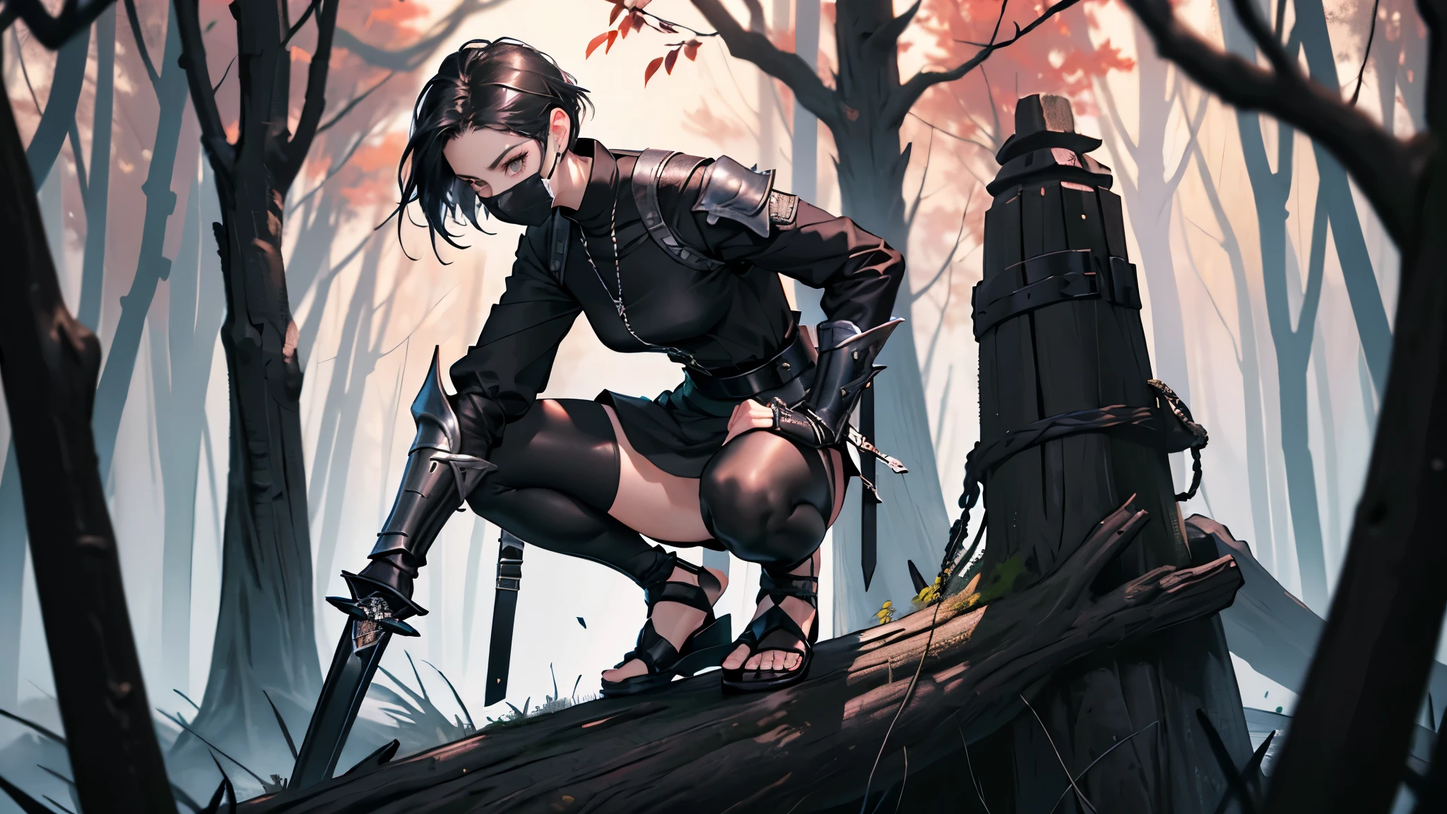 masterpiece, ultra detailed, 8K Portrait, Raw photo, portrait photo of a female, Full body, Highly detailed face, ((Fantasy)), (((Assassin Woman))), ((Young beautiful)), 23 years old, (((Tight eyes))), (((face mask))), Dynamic Pose, (((Black very short hair))), ((Forehead)), (((long-sleeved Black tight shirt))), (((Black culottes))), (black tights:1.5), leather armor, (((Equip Crimson Gauntlet))), (((Leather Sole Sandals))), black body stockings, (((Equip two black short swords))), Midnight Moon, Hyper realistic, Body model, Long legs, ((Slender body)), crouching on a tree branch, Ambient lighting, Shadow details, Camera focus on face, strong breeze, Light fog,