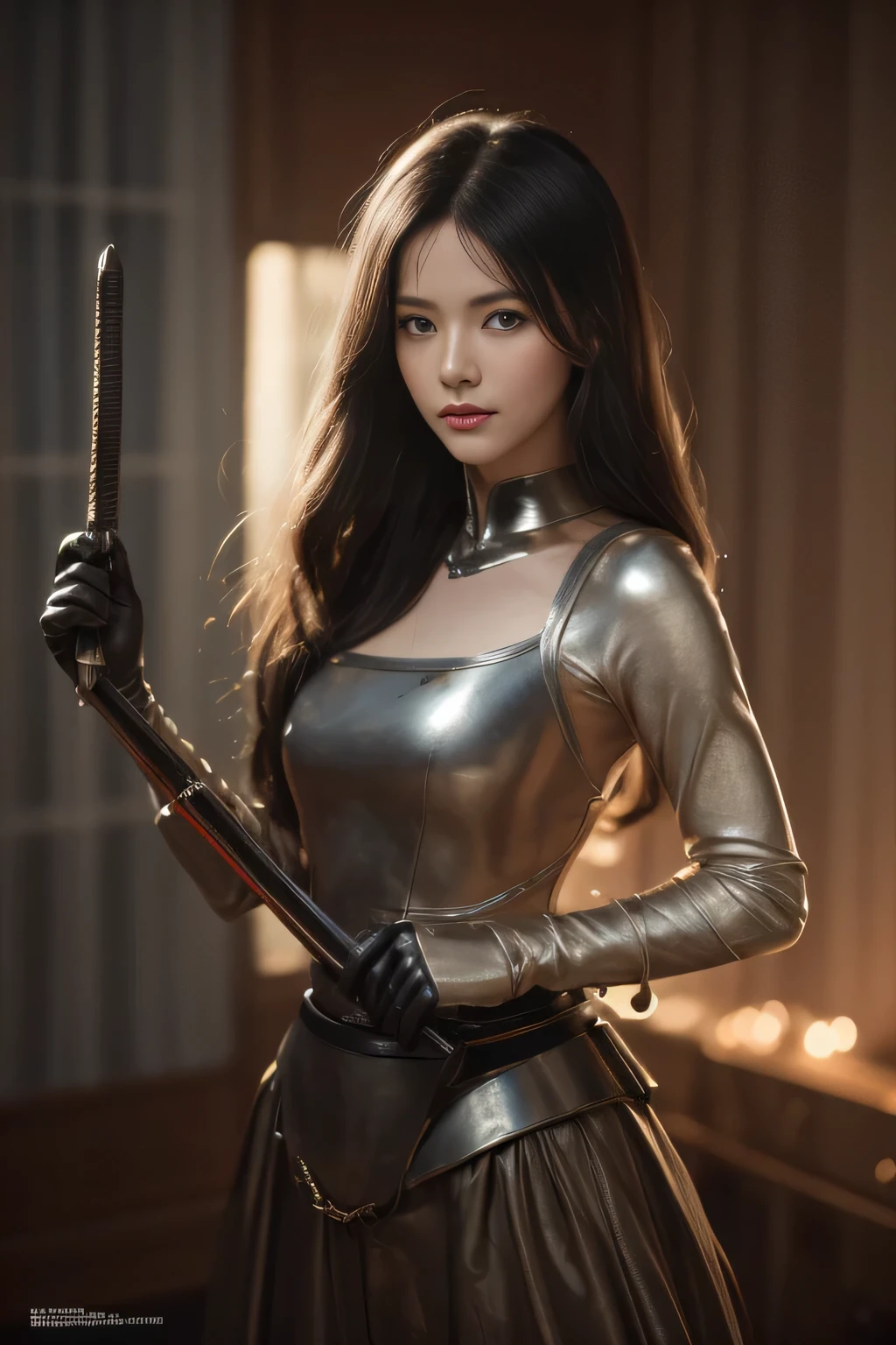 Black Hair, Hair shaking, victory, Long eyelashes, Solid round eye, A faint smile, ears red, direction, Surrealism, shadow, Relief, Stereogram, Standing picture, View, Atmospheric perspective, 8k, Super Detail, precise, best quality,Anime poster of a woman holding a sword and a woman holding a sword, Neil autoamata, Neil:Automata inspired, Neil : Automata inspired, Neil 2 b, 2b Neil Automata, Neil Automata, Neil, Neil:Automata, film still of 2b Neil Automata, Neil inspired, Key Art, 2 b from Neil Automata