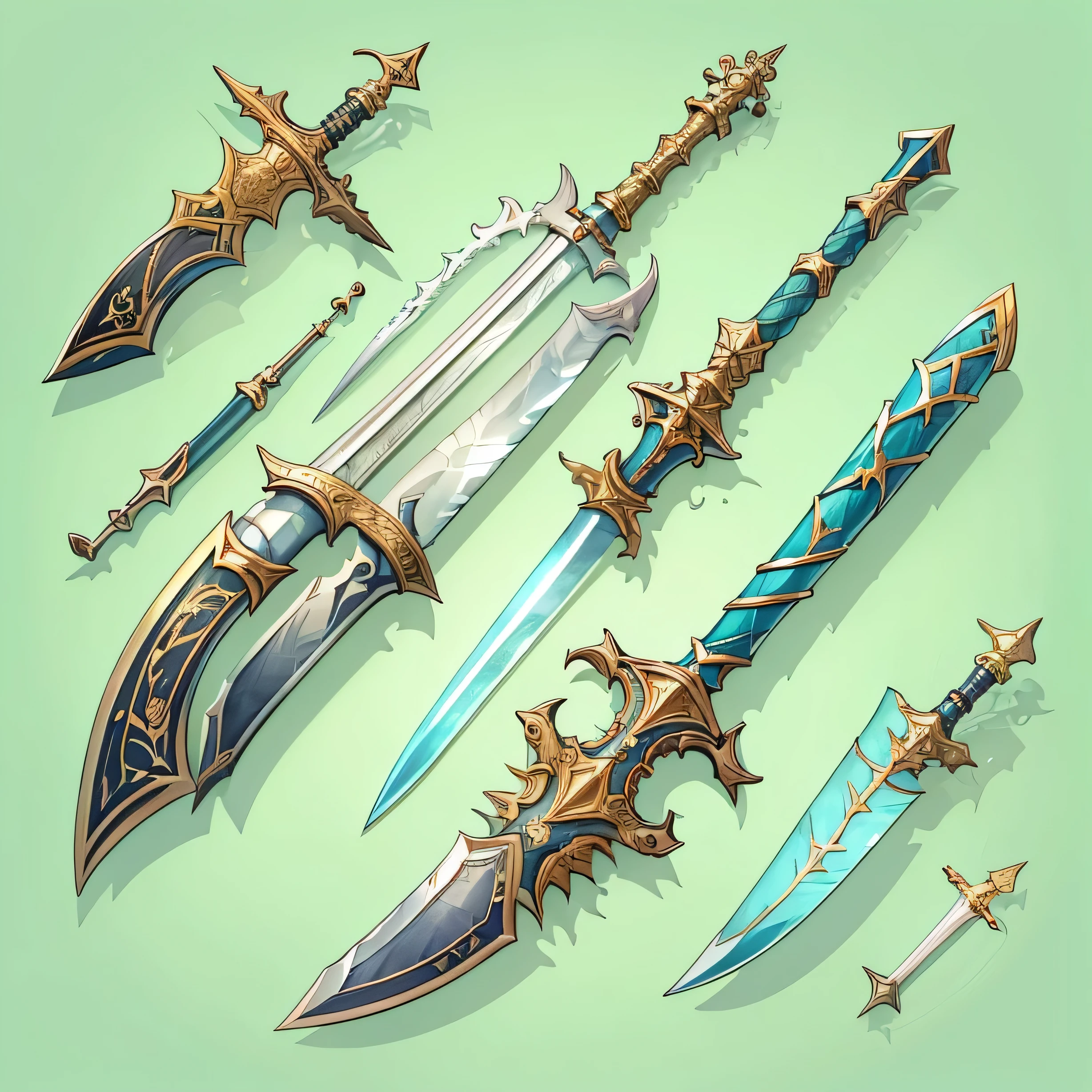 (((best quality))), (((masterpiece))), Weapons to be included in the Weapon Encyclopedia, Two-handed sword, big knife, european weapons, RPG game weapons, white background, Crisp Lines, Colorful colors,