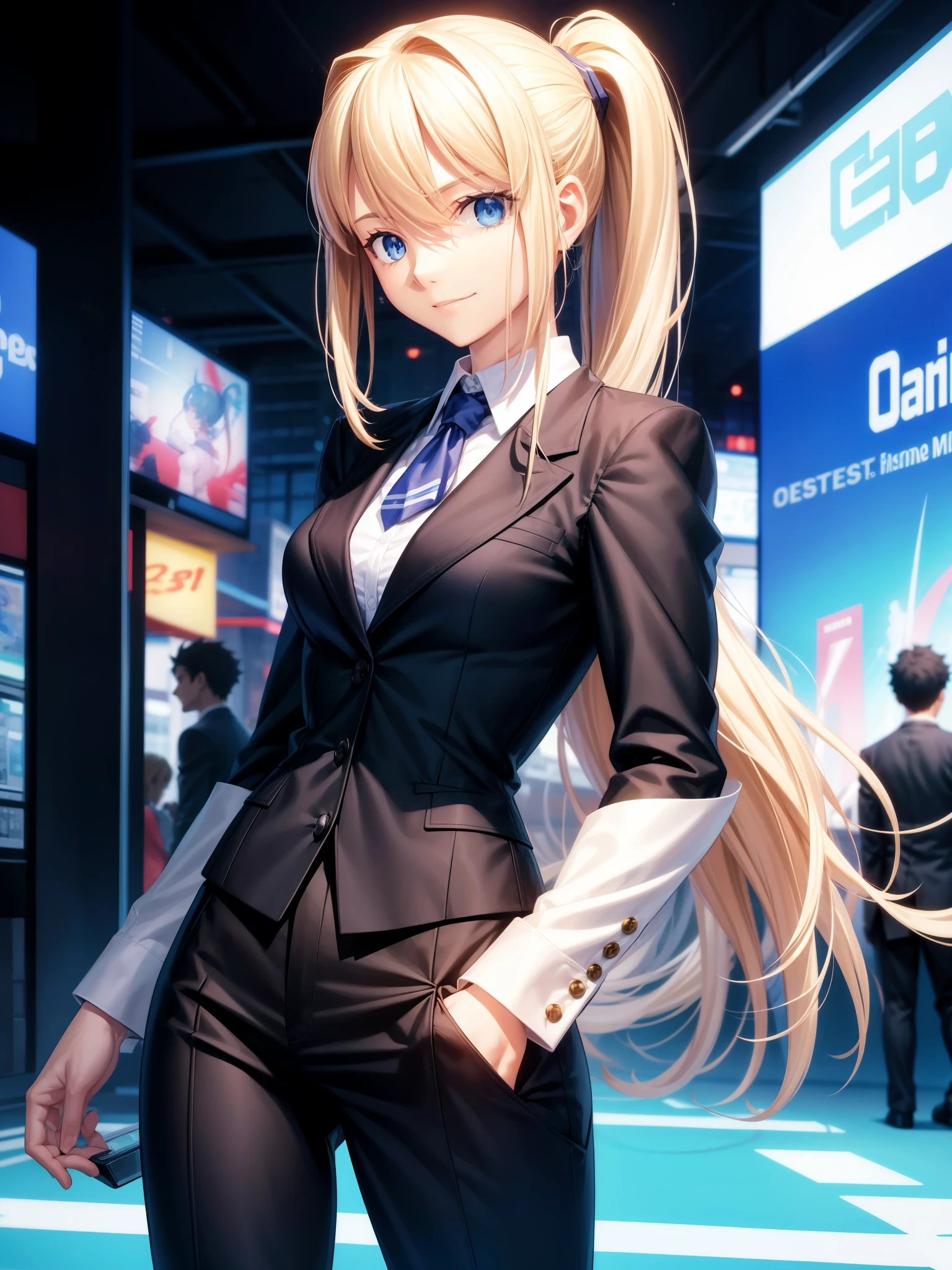 score_9, score_8_up, score_7_up, score_6_up, source_anime, BREAK masterpiece, PonySamus, blue eyes, ponytail, breasts, city, smile, business suit, black pants, white shirt, collared shirt, open jacket , shirt, black jacket, looking at viewer, smile, adjusting hair, tall female, night,