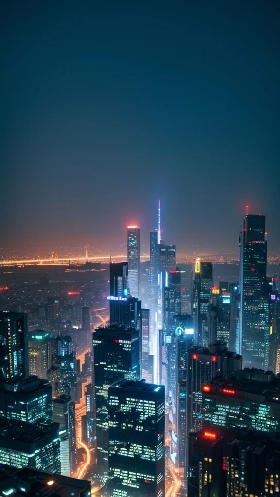 Sci-fi style metropolis at night、Cyberpunk atmosphere、Beautiful night view、Overlooking the city from above