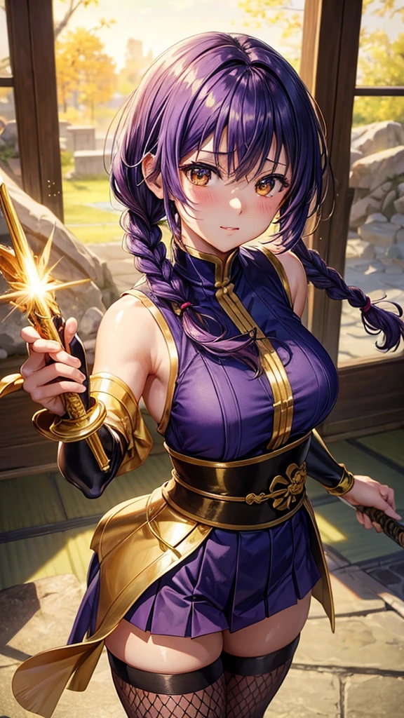 (highest quality)), ((masterpiece)), (Familiar), Perfect Face,Shiny skin,Beautiful breasts,how,Shiny skin、Kyoto Animation style painting、Golden Hair、Golden Eyes、Sunburned skin、night、Holding a Japanese sword、ruins、Combat Stance、Fishnet tights、Braided Hair、spats、inner、Kunoichi clothes、Purple clothes、Wearing a golden aura、Sparks fly、shock wave