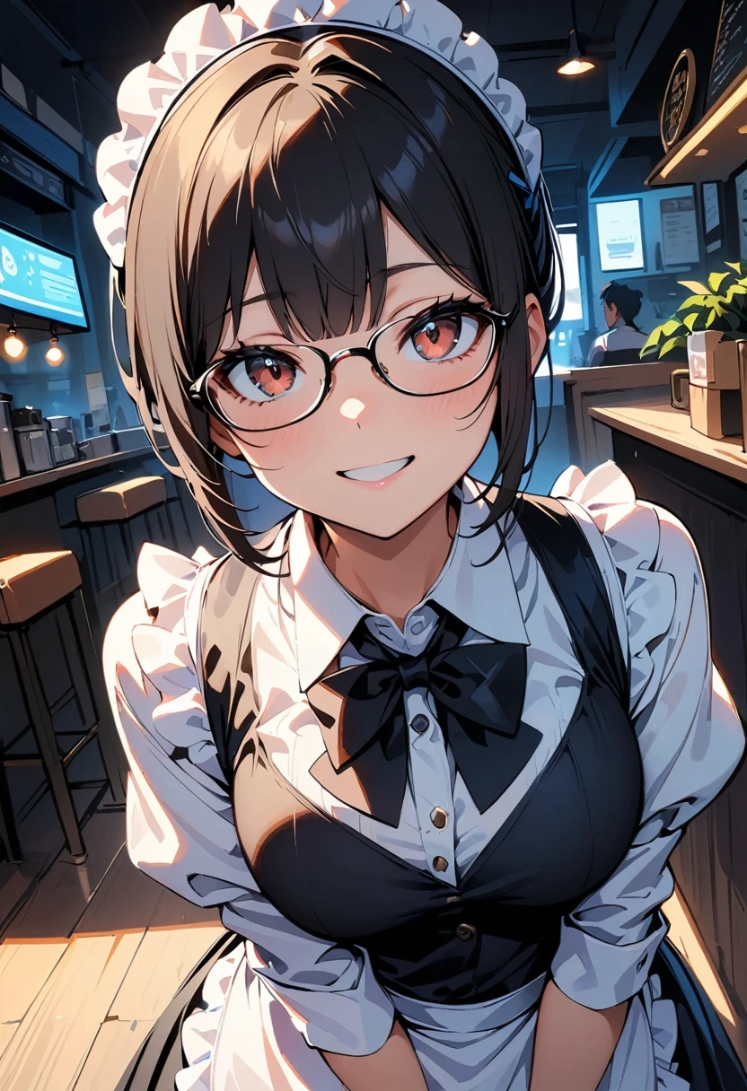 (high quality, 8k, 4K, High Contrast, masterpiece:1.2, 最high quality, Best aesthetics), , Maid, Very detailed, Seductive and erotic girl with lace headdress, smile, Focus on the face, Focus on the face, Complex eyes, tights, laced tights, coffee shop, Ground angle shot, Viewers looking up, feet in tights,Black Hair， ponytail，Upper Body，Glasses