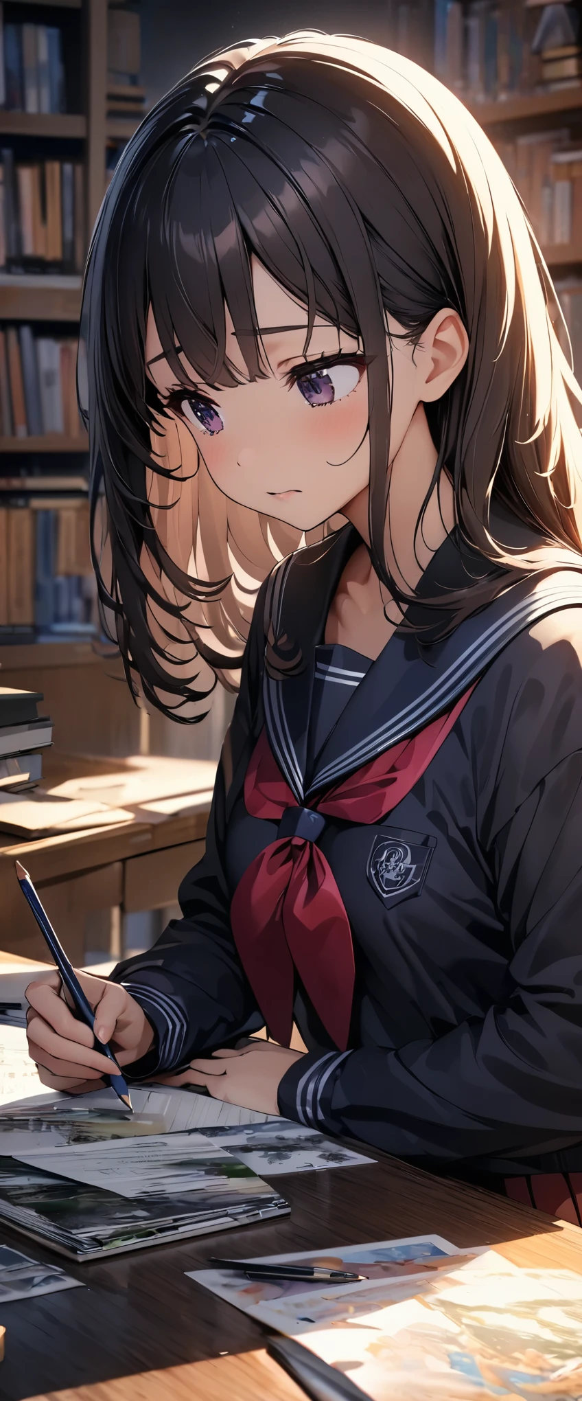 hi-school girl、、summer clothing、、Serious gaze、Very cute、Hairstyle with personality、Brown hair、gals、‎Classroom、During test testing、Be red in the face、No one around