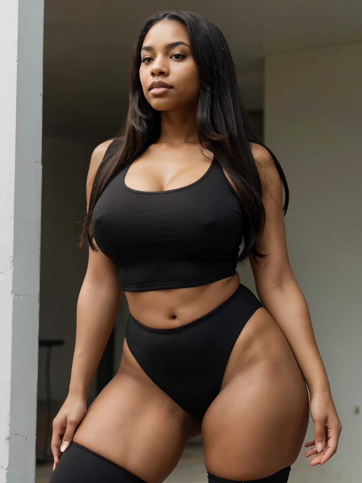 Mixed black ethnicity, curvy girl , long hair , wearing sexy sport outfit 