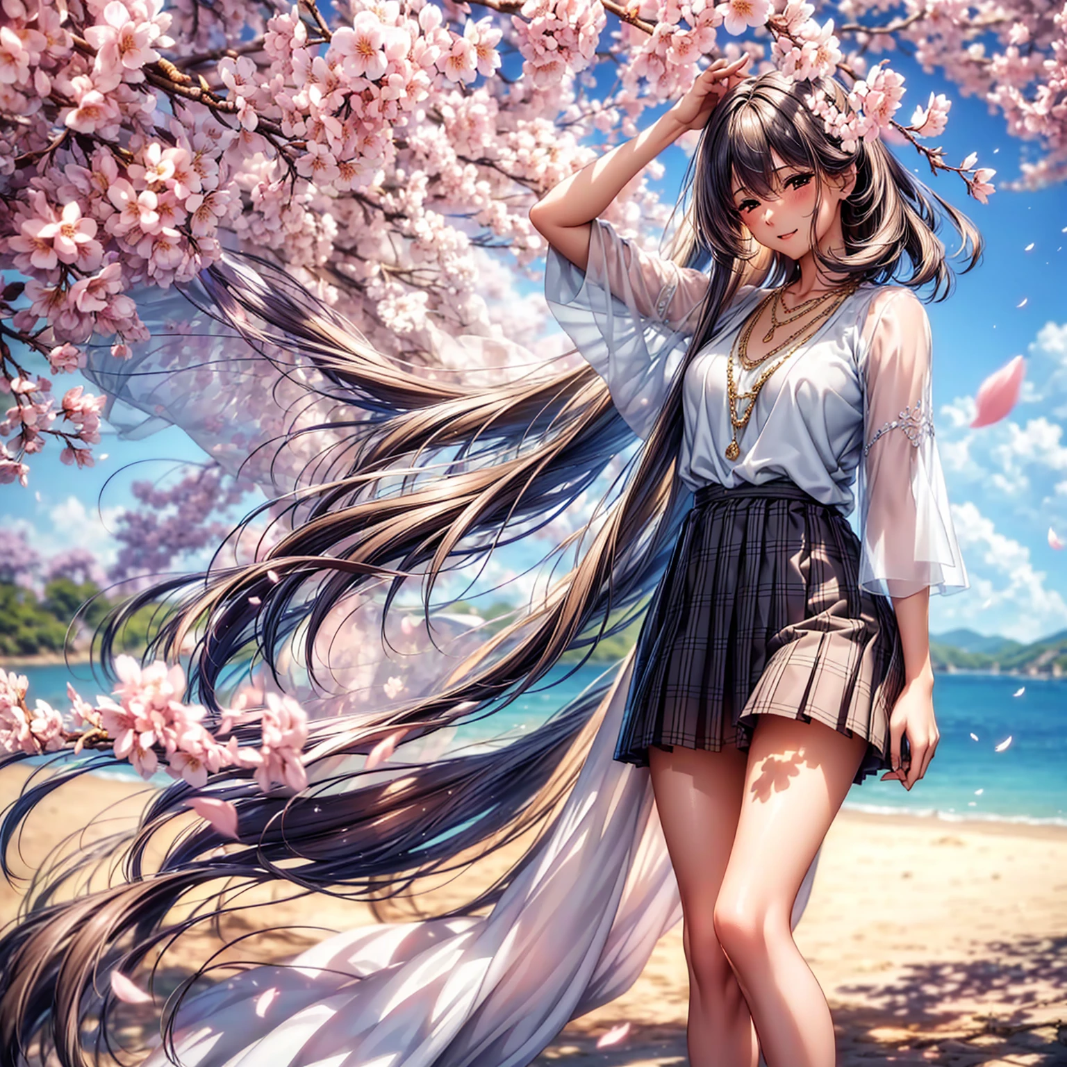 (((highest quality、masterpiece、Very high resolution、Highly detailed images)))、One beautiful woman,Talented and colorful,18-year-old,Beautiful body,Beautiful Face:smile、Beautiful Hair:Various Hair Styles,Beautiful thighs:Beautiful legs,Best skin and hair texture,whole body、((See-through clothing,Diamond Necklace,Checkered Pleated Skirt)),Rows of cherry blossom trees in full bloom,Cherry blossoms fall,Natural light,Beautiful views,Beautiful colors,Beautiful pose:Model shoot,The wind is blowing:Fluttering Hair,Overall image、Beautiful images,Accurate Images、Accurate anatomy、Flawless images,Perfect image,Overall image,(Best Shot,RAW Photos:1.2)