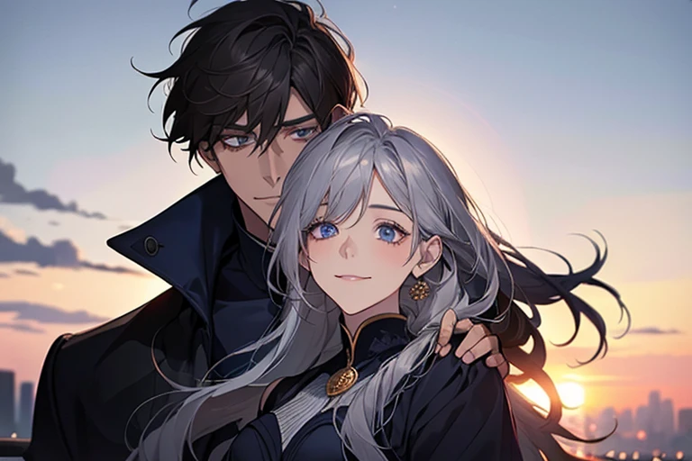masterpiece, highest quality, 2 He, Couple, One man and one woman,mature, Adult, Height difference, Different Fashion, Different colors, Fine eyes and a fine face, Intricate details, coat,Dawn Sky,Snuggle up,smile, Happy, A man with a navy blue low ponytail,Men should wear a navy blue low ponytail,Silver long hair woman,The woman has her long silver hair down.,Dark blue eyed man, Woman with reddish brown eyes