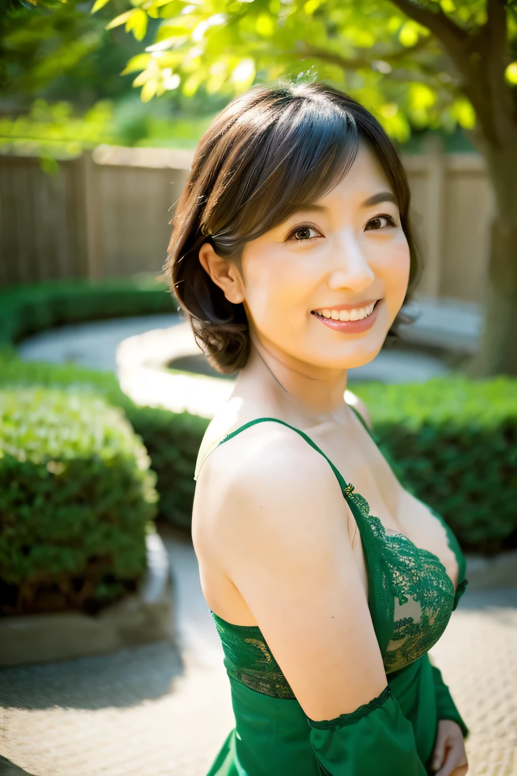 (8k, highest quality, masterpiece: 1.2), Japanese women, Super detailed, highest quality, Ultra-high resolution, Professional Lighting, Photon Mapping, Radio City, Physically Based Rendering, Cinema Lighting, Depth of written boundary, focus on, Sun rays, Good composition, (Bokeh: 1.2), 1 female, (whole body), Bright smile, Beautiful Eyes, Pause, narrow, Brown Hair, short hair,green, lingerie, garden,Japanese,Mature Woman,D cup breasts,Emphasize the chest