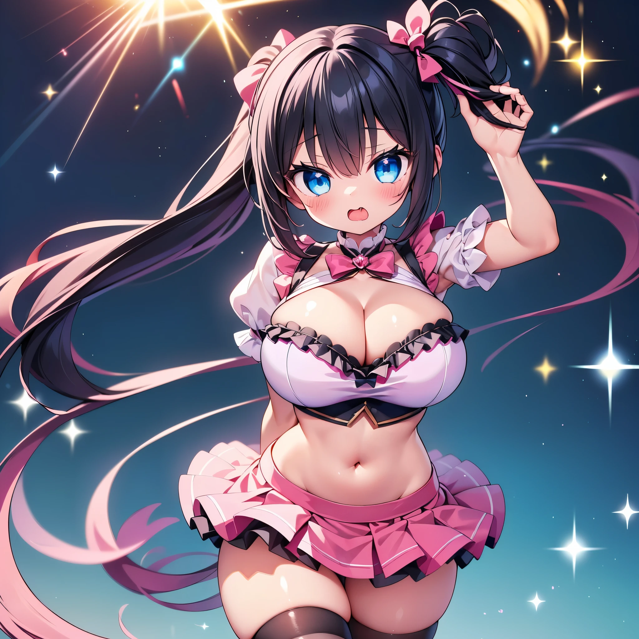 highest quality,wonderful,finely,extremely detailed CG Unity 8K wallpaper, (girls, cute eyes, (magical pink girl outfit,frill mini skirt:1.1), Black Hair, blue eyes, side ponytail, clothed), (sparkling eyes:1.2), (skinny body:1.1), (huge breasts), (cleavage:1.1), (crop top navel:1.1), (open mouth:1.1), (long tongue:1.1), (mouth drool:1.1), (black stockings:1.1),(Thighs:1.2),(Waistline:1.1)