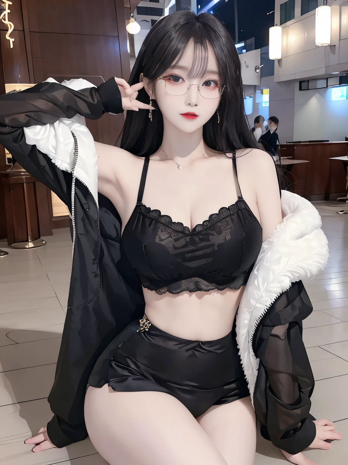 Top image quality、Raw photography、A high resolution、20-year-old cool Korean、big round chest、thin silk jacket、black lace underwear、Beautiful Eyes of Details、very elongated eyes、Beautiful eyelashes、Beautiful double eyelids、eyeshadows,long legs,medium thighs, wearing Glasses、beautiful eyes finely detailed、elongated eyes、long eyeslashes、Beautiful double eyelids、eyeshadows、earrings、shiny white skin、