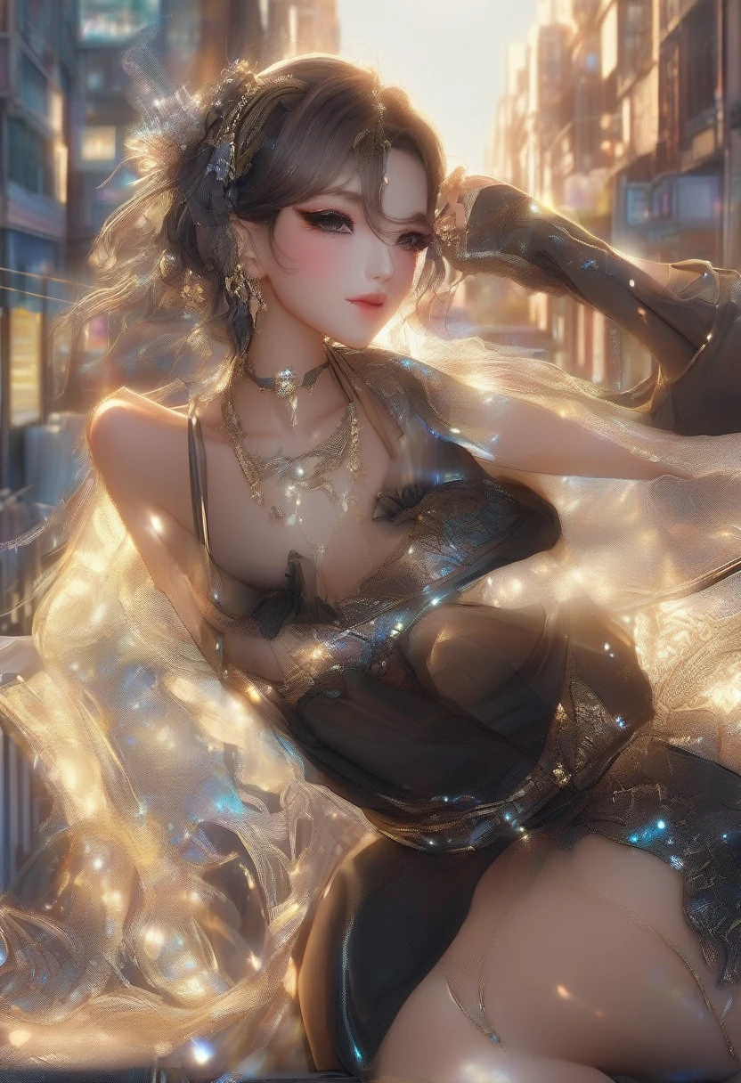 ((highest quality, 8k, masterpiece :1.3)), whole body, Sharp focus :1.2, Beautiful woman with perfect figure :1.4, Slim Abs :1.2, ((Dark brown hair, Big Breasts :1.2)), Tank top dress :1.1, (Night city view, Modern balcony :1.1), Highly detailed face and skin texture, Fine grain, double eyelid