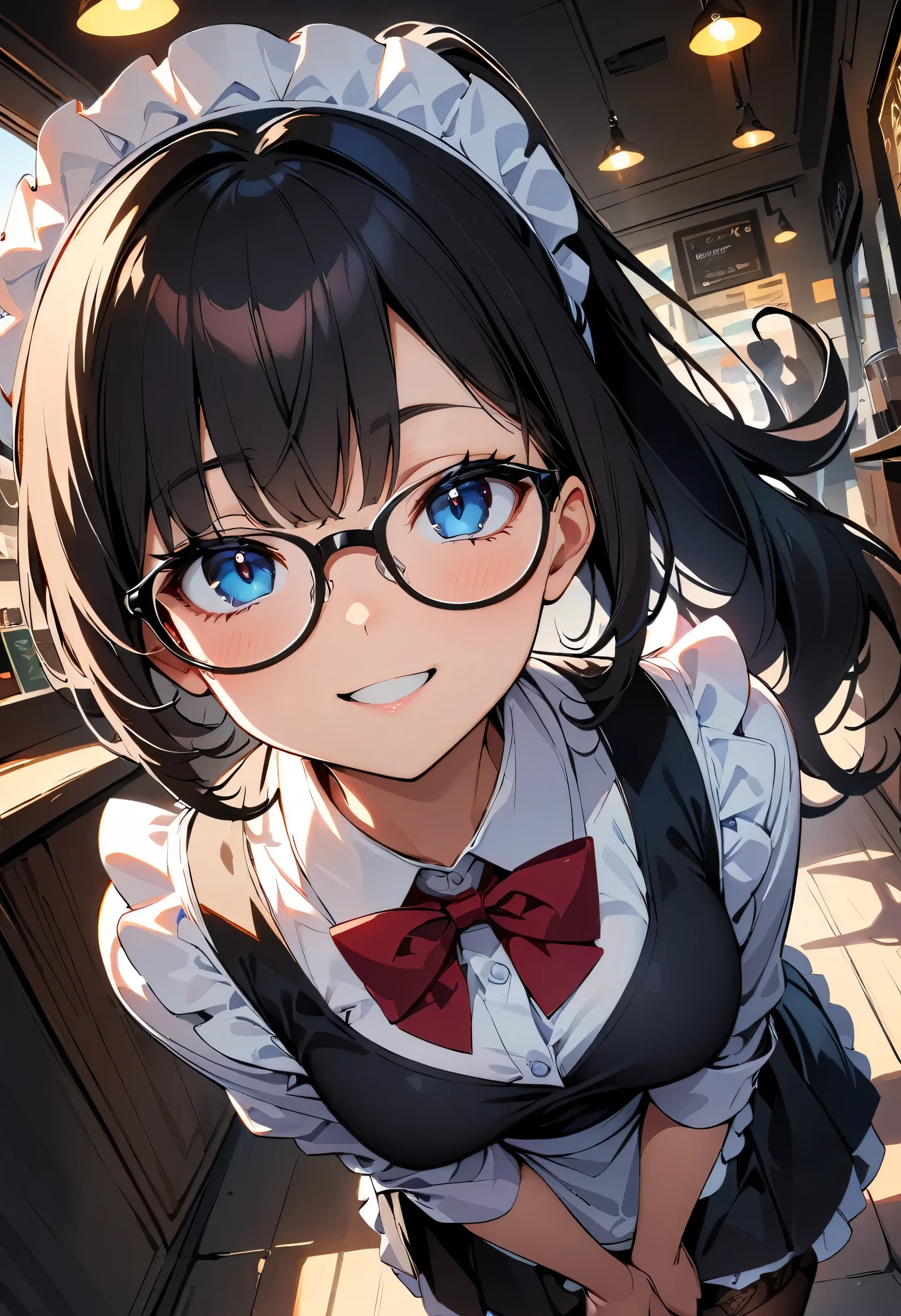 (high quality, 8k, 4K, High Contrast, masterpiece:1.2, 最high quality, Best aesthetics), , Maid, Very detailed, Seductive and erotic girl with lace headdress, smile, Focus on the face, Focus on the face, Complex eyes, tights, laced tights, coffee shop, Ground angle shot, Viewers looking up, feet in tights,Black Hair, ponytail,Upper Body,Glasses