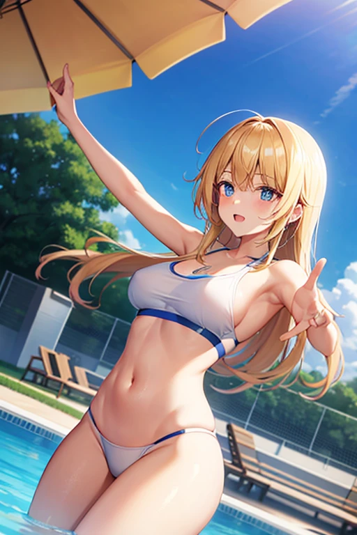 1lady,solo,armpid,raise your arms,thighs focus,cute,blond hair,long hair,swimsuits,poolside, crouch