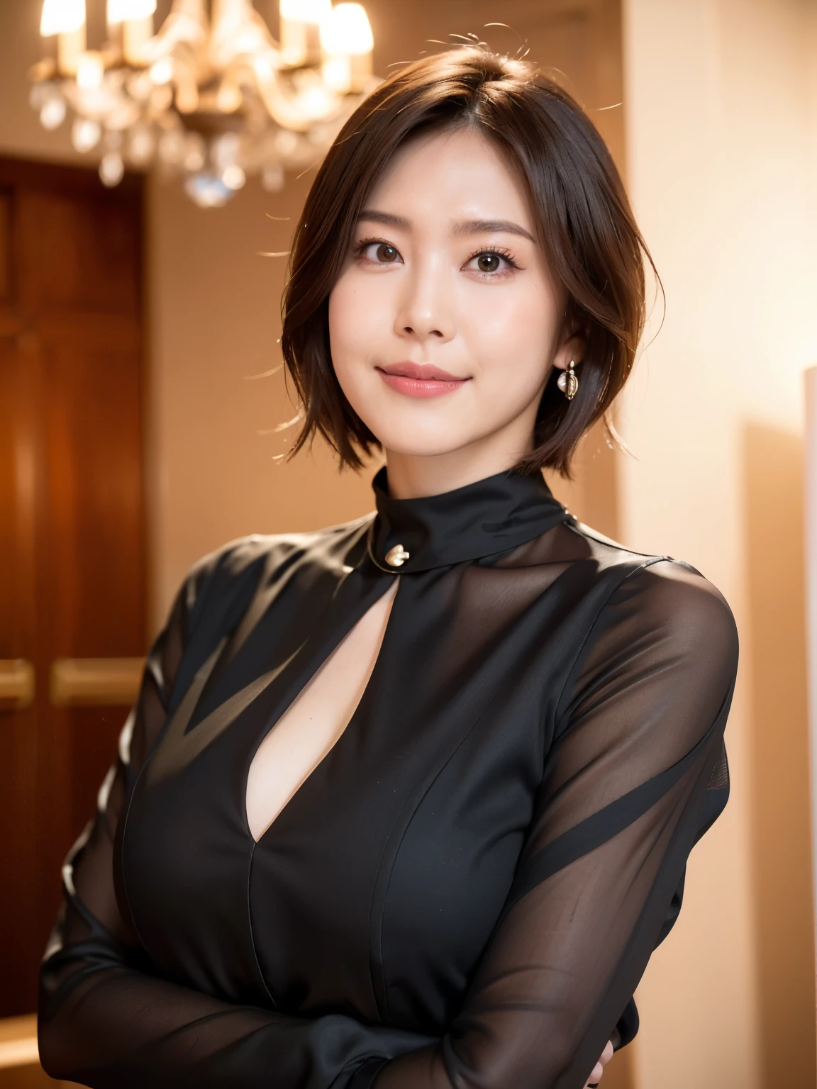 (highest quality, 8k, 32k, masterpiece, Ultra-high resolution:1.2),Beautiful Japanese Women Photos, Standard body type、(D cup breasts:1.4), Very short bob hair,Upper Body,Face Focus,(black formal blouse:1.4)、(black ruffle blouse:1.6),(Pearl Necklace:1.4), (Midnightの工場事務室:1.6), The viewer is looking at her from the side, Observe the audience、(smile:1.3)、(教会の薄Dark Room:1.6)、(Only candlelight:1.5)、Dark Room、Midnight
