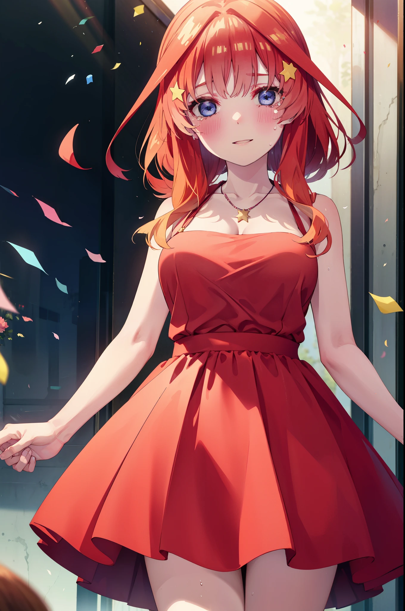 itsukinakano, Itsuki Nakano, bangs, blue eyes, Hair between the eyes, Ahoge, Redhead, star \(symbol\), hair ornaments, tiara,star hair ornaments,smile,blush,Red Dress,Long skirt,Red Pin Heel,Sleeveless,Exposing shoulders,Bare arms,Bare neck,bare clavicle,Heart Necklace,Tears stream down her face,Tears of joy,I cry a lot,holding a large bouquet of flowers in each hand,Confetti,
break indoors, on stage,
break looking at viewer, (Cowboy Shot:1.5),
break (masterpiece:1.2), highest quality, High resolution, unity 8k wallpaper, (shape:0.8), (Beautiful details:1.6), Highly detailed face, Perfect lighting, Extremely detailed CG, (Perfect hands, Perfect Anatomy),