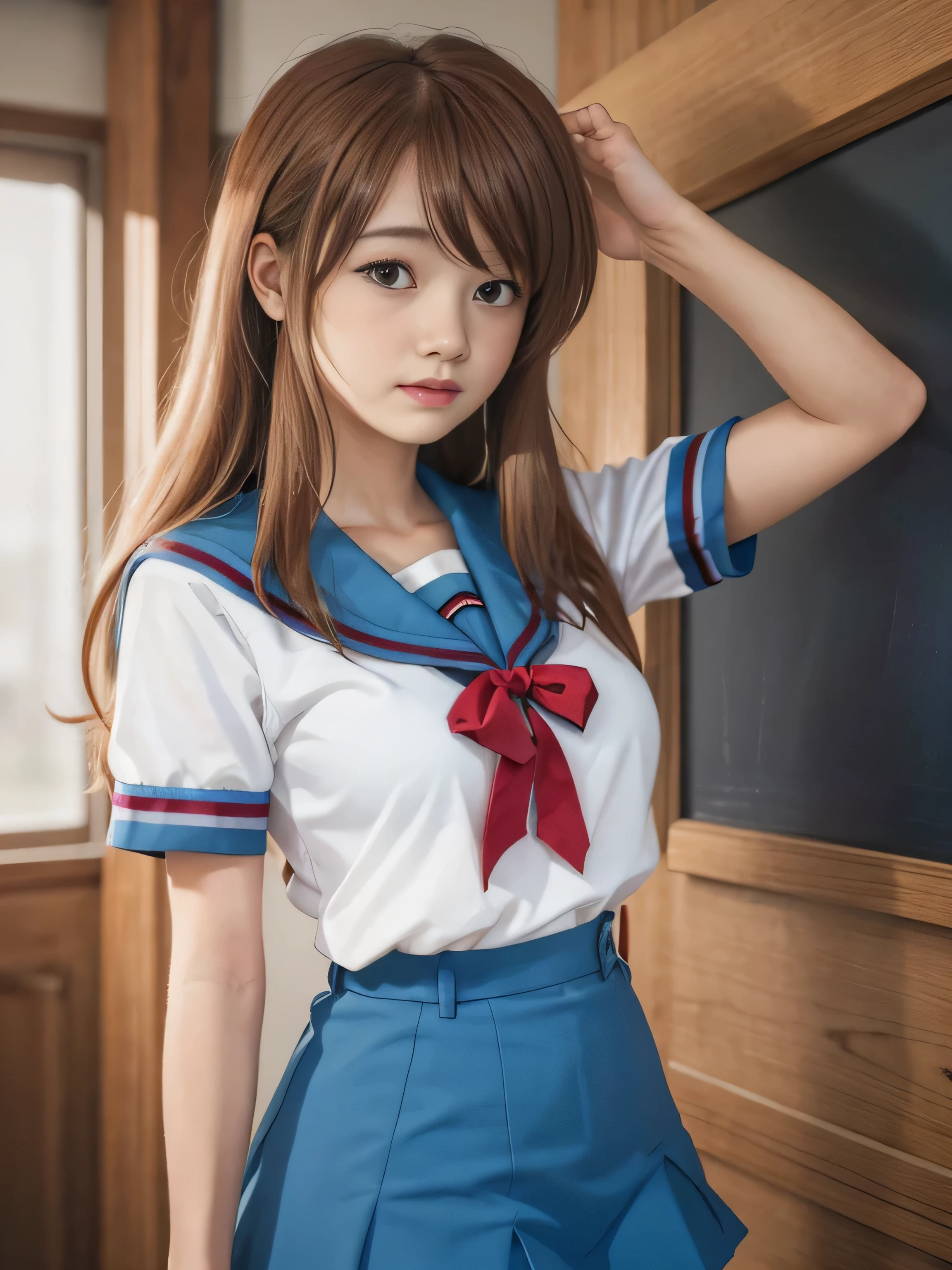 (RAW quality:1.4)、8k resolution、Ultra-high-definition CG imageasterpiece、highest quality、Hi-Lake 1、One Girl、15 years old, Mikuru Asahina、length、North College Uniform、solo、青いSailor collar、Sailor collar、serafuku、Blue Skirt、Short sleeve、Red ribbon、Huge bust、Classroom background with blackboard、