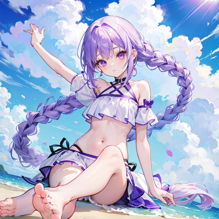 Purple Hair,White hair,Purple Eyes,Twist braids,cute,age girl,Wear white JK,There are no shoes on the feet,正面whole body照,whole body,Fingers and arms are not exposed,Background beach,Blue sky and white clouds
