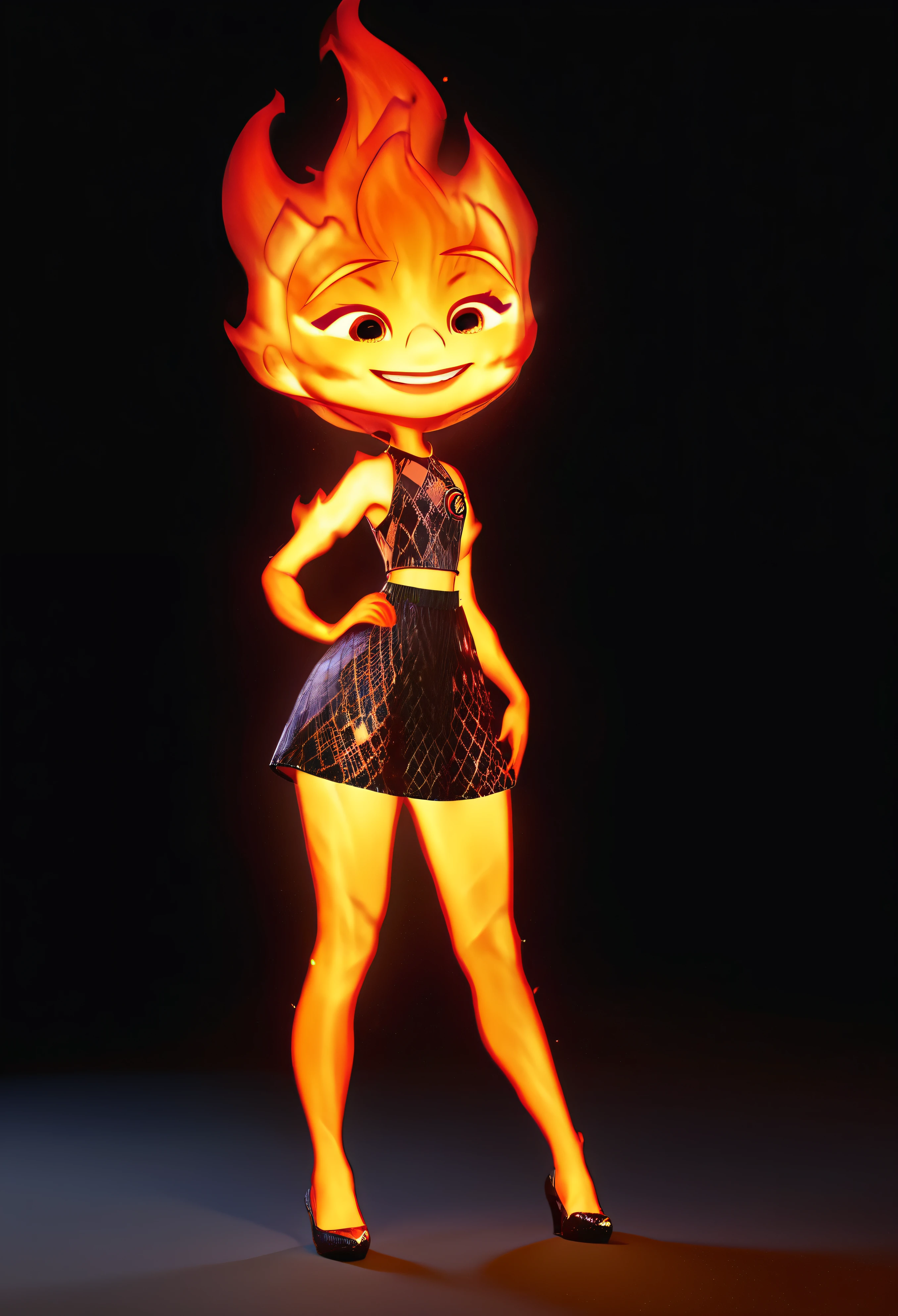 character concept art, chibi ember lumen, girly beautiful model pose, short height ember lumen, small character, ember lumen stands three quarters to the view, very cute face, cute smile, chibi cute face, fire girl ember lumen, super detailed cgi ember lumen, detailed clothes, realistic fire render, black plain background, masterpiece vfx, perfect 3d render, octane 3d render, cinematic cgi