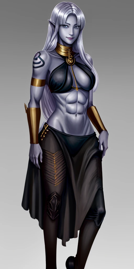 ((1girl)) full body, standing, grey skin, drow, elf, mature, detailed happy face, purple eyes, white hair, black bikini, abs, big knockers, golden chain collar, stomach tattoo (red tattoo)